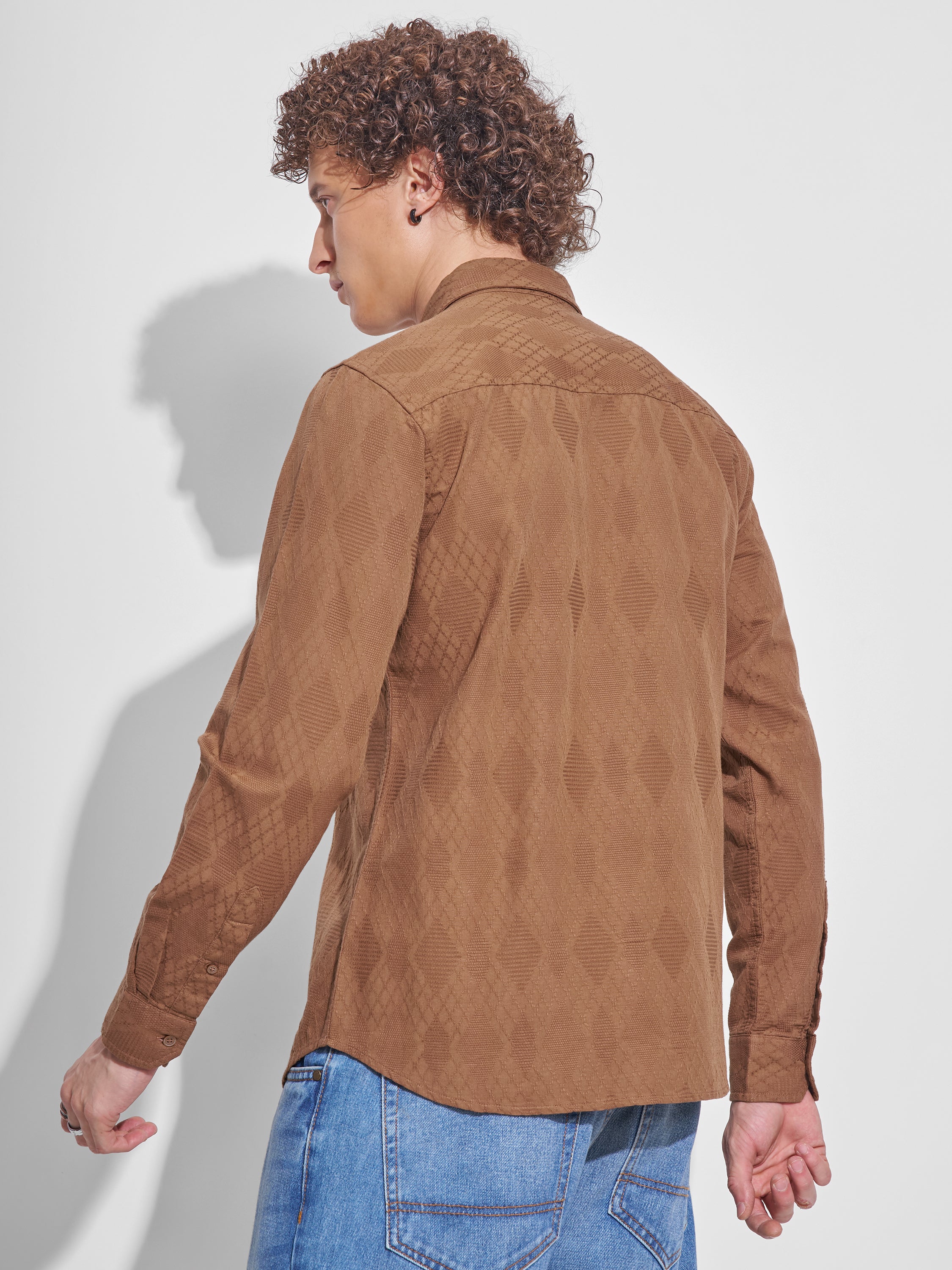 Highlander Men Rust Self Design Slim Fit Casual Shirt - Rust - Image 3