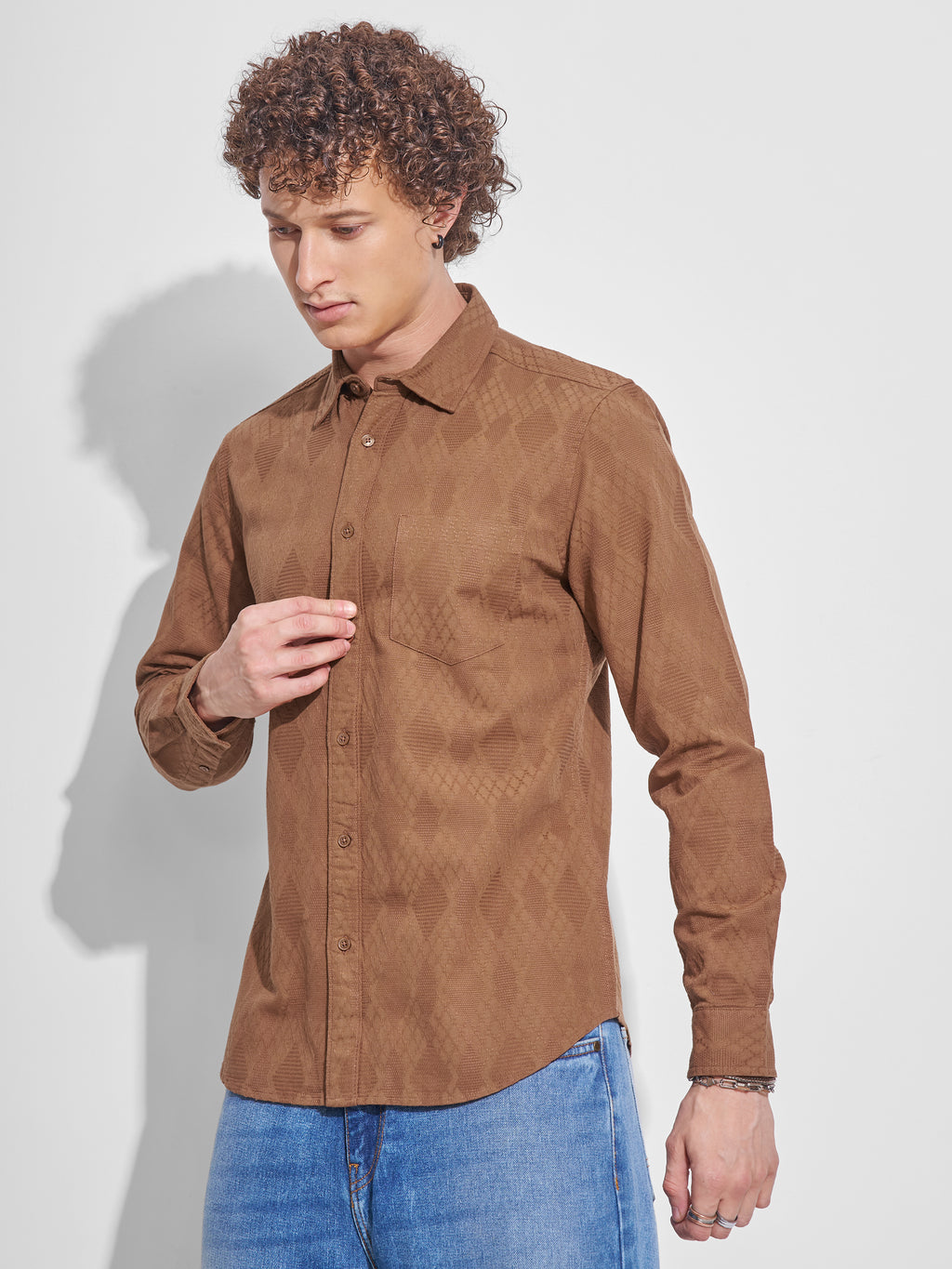 Highlander Men Rust Self Design Slim Fit Casual Shirt - Rust - Image 4
