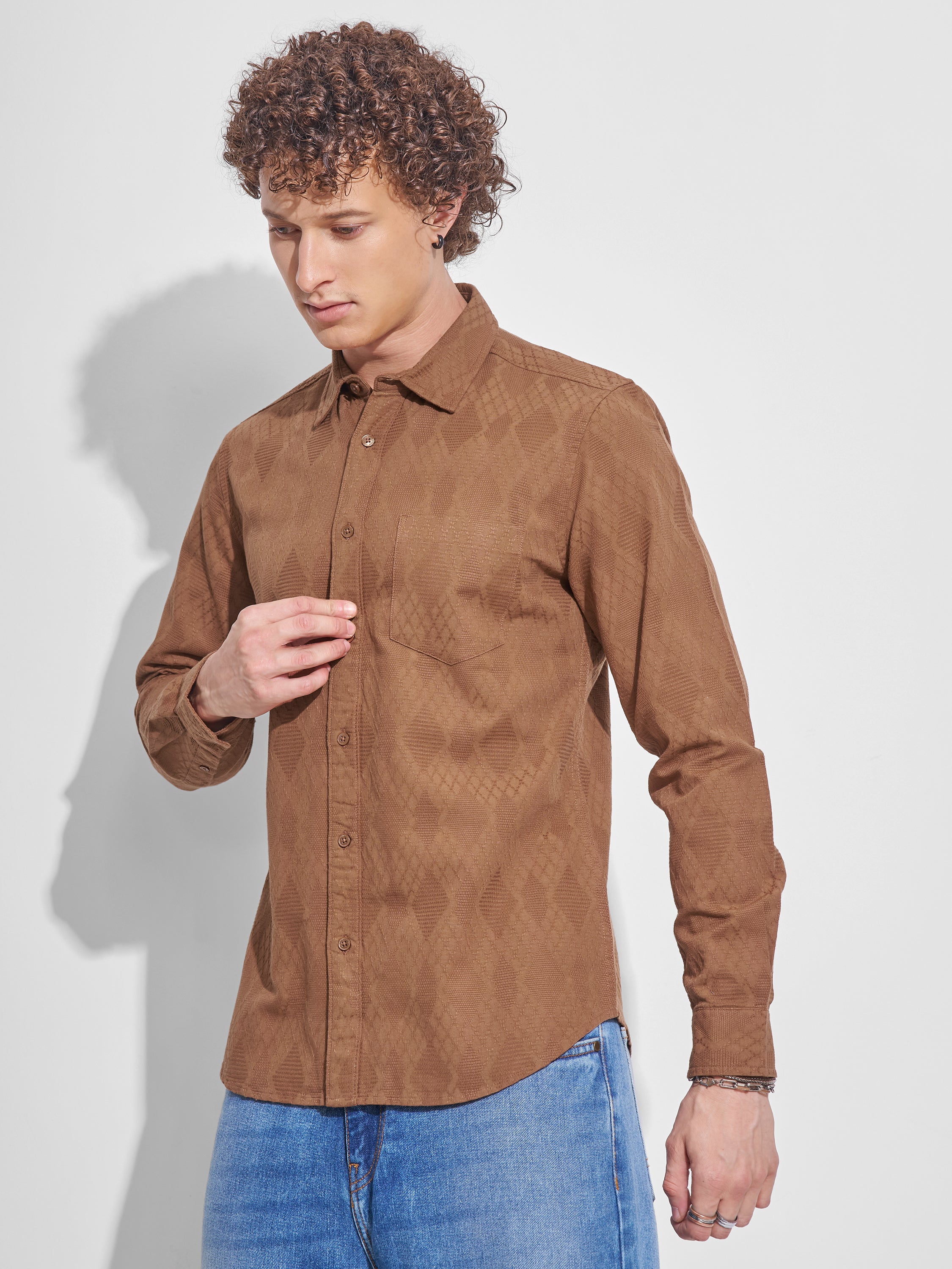 Highlander Men Rust Self Design Slim Fit Casual Shirt - Rust - Image 4