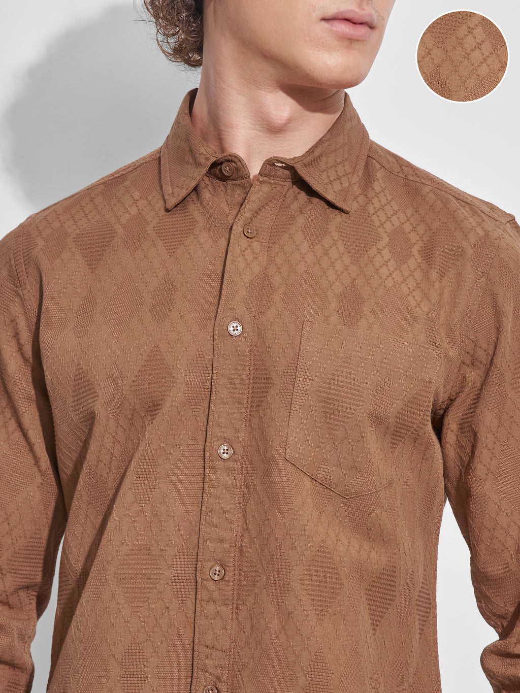 Highlander Men Rust Self Design Slim Fit Casual Shirt - Rust - Image 5
