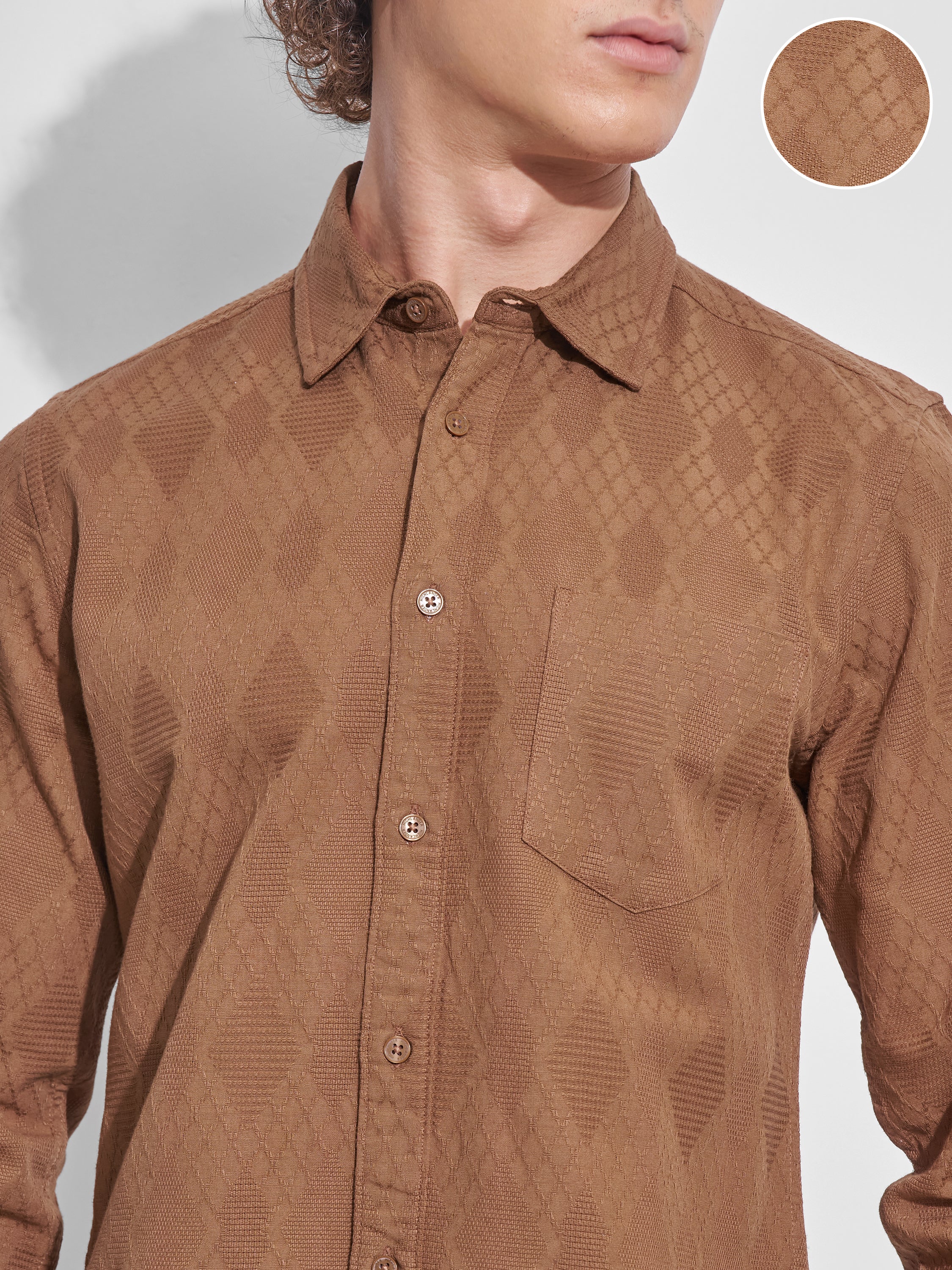 Highlander Men Rust Self Design Slim Fit Casual Shirt - Rust - Image 5