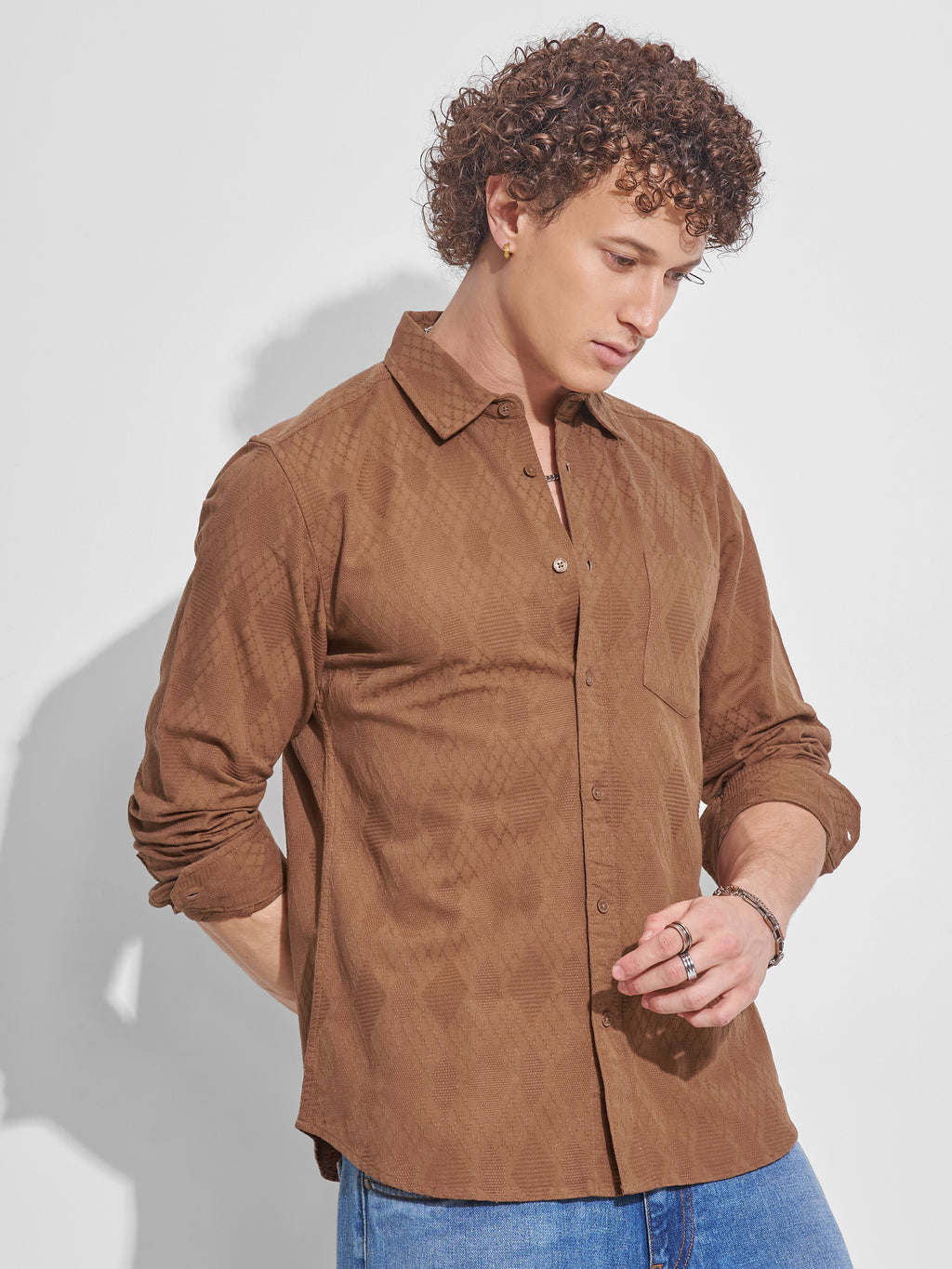 Highlander Men Rust Self Design Slim Fit Casual Shirt - Rust - Image 6