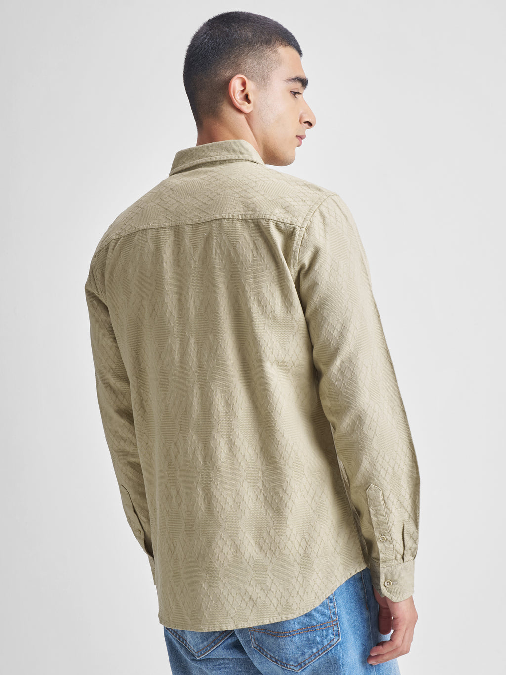 Highlander Men Beige Self Design Slim Fit Casual Shirt - Beige - Image 3