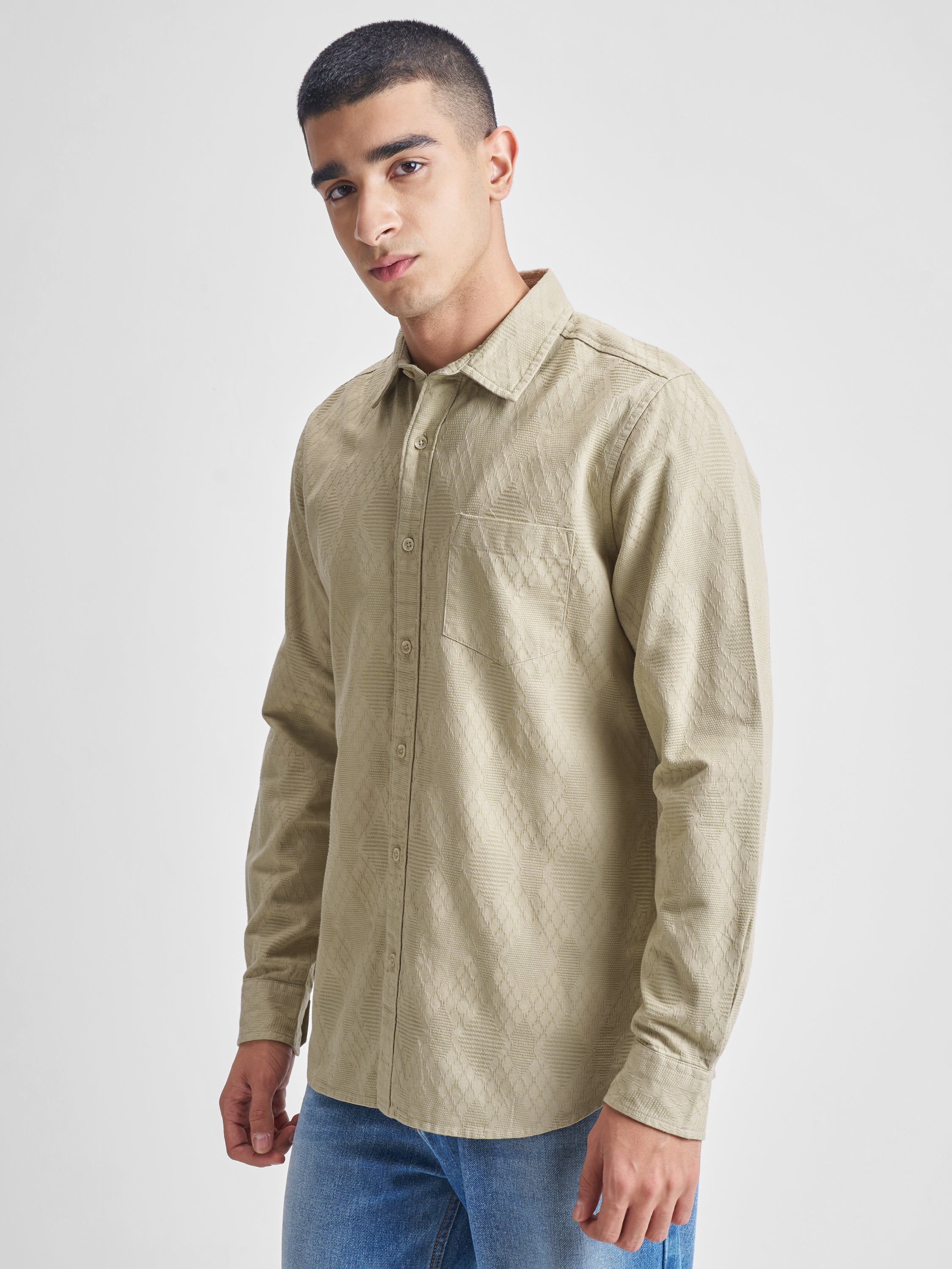 Highlander Men Beige Self Design Slim Fit Casual Shirt - Beige - Image 4