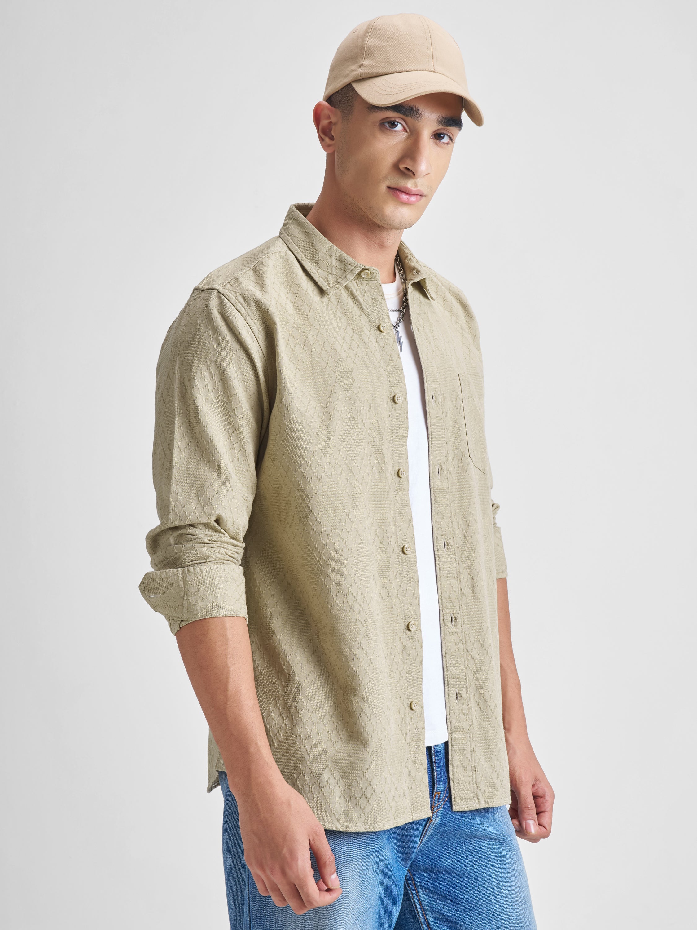 Highlander Men Beige Self Design Slim Fit Casual Shirt - Beige - Image 6