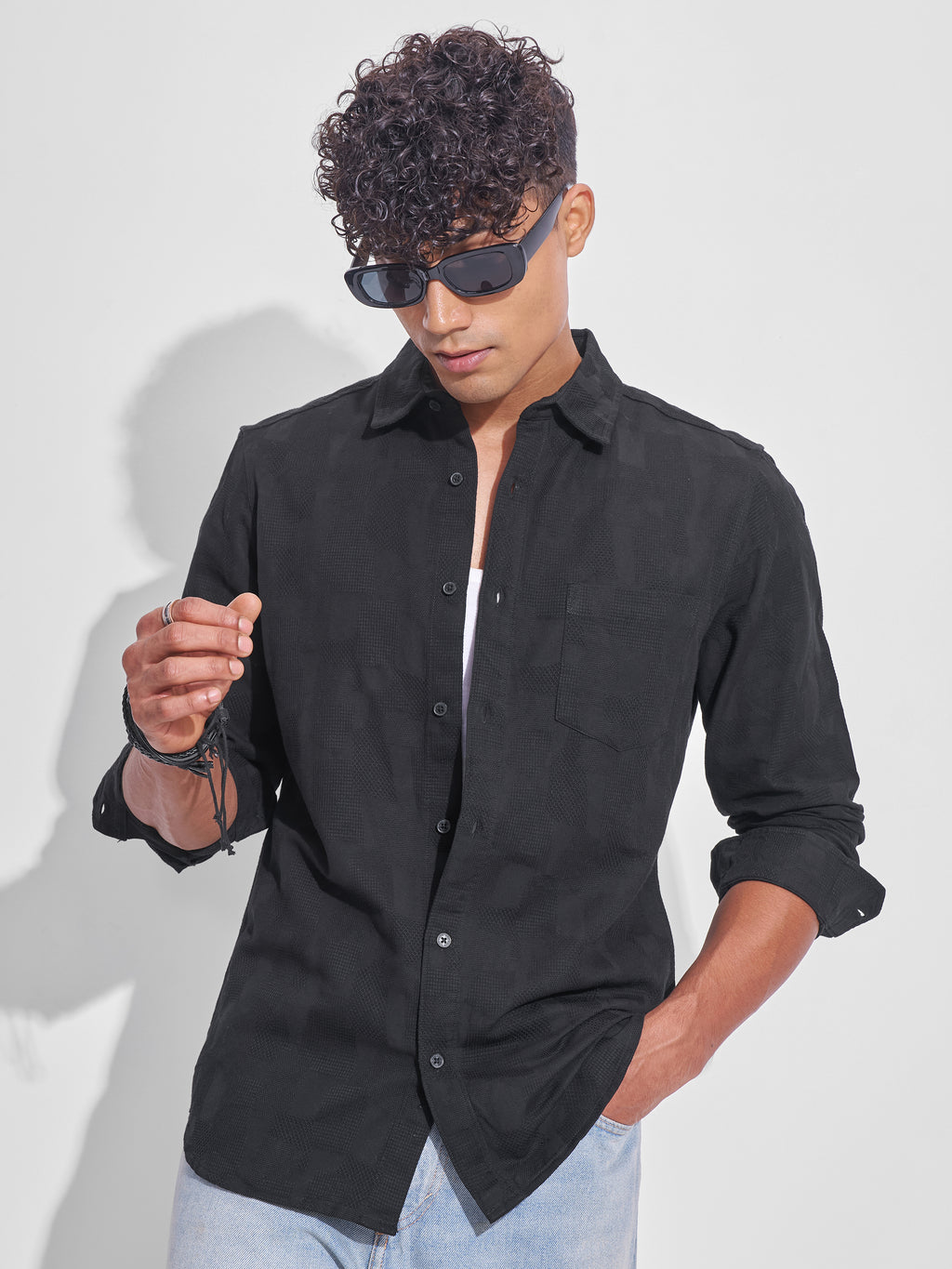Highlander Men Black Self Design Slim Fit Casual Shirt - Black - Image 1