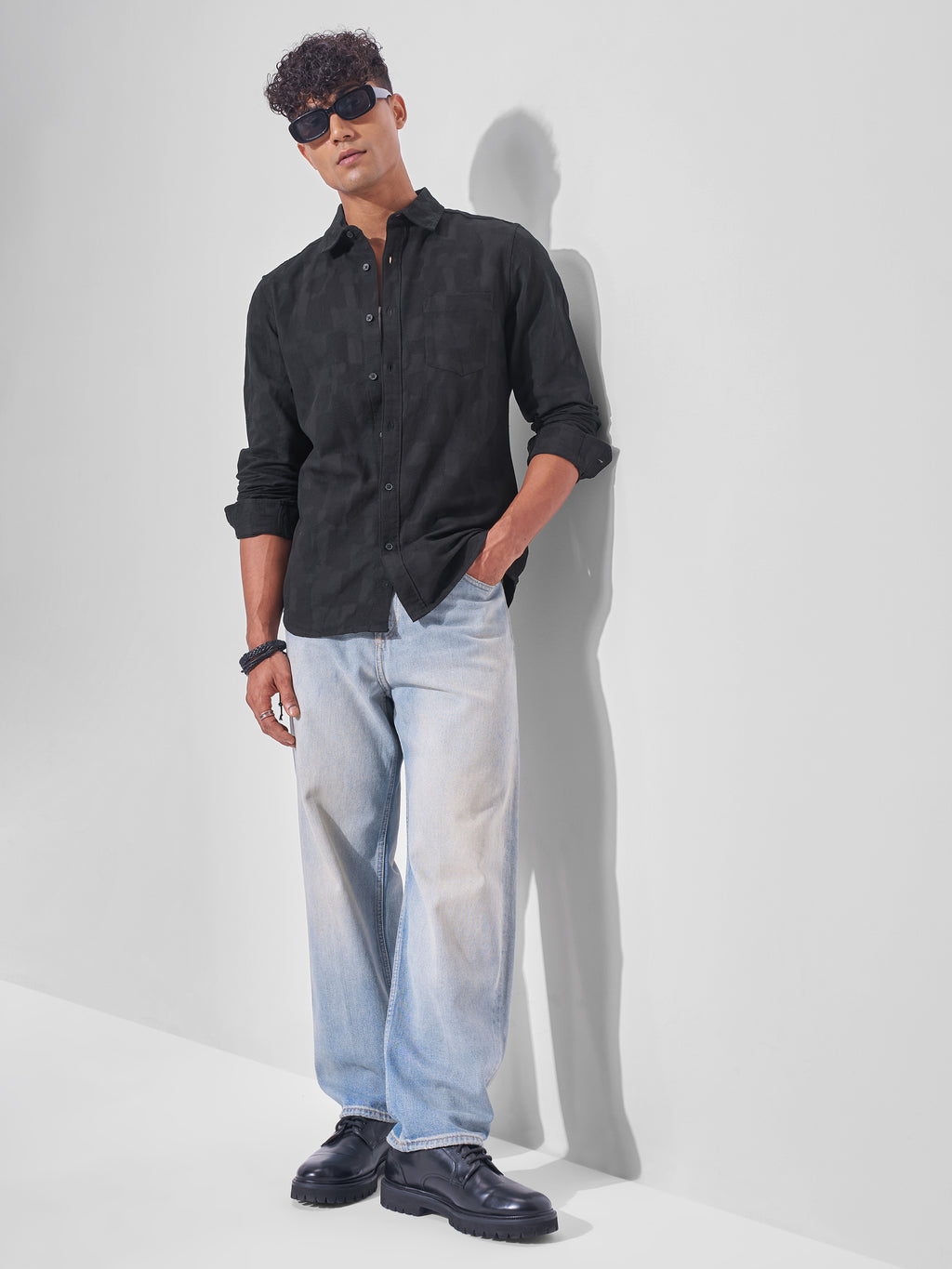 Highlander Men Black Self Design Slim Fit Casual Shirt - Black - Image 2