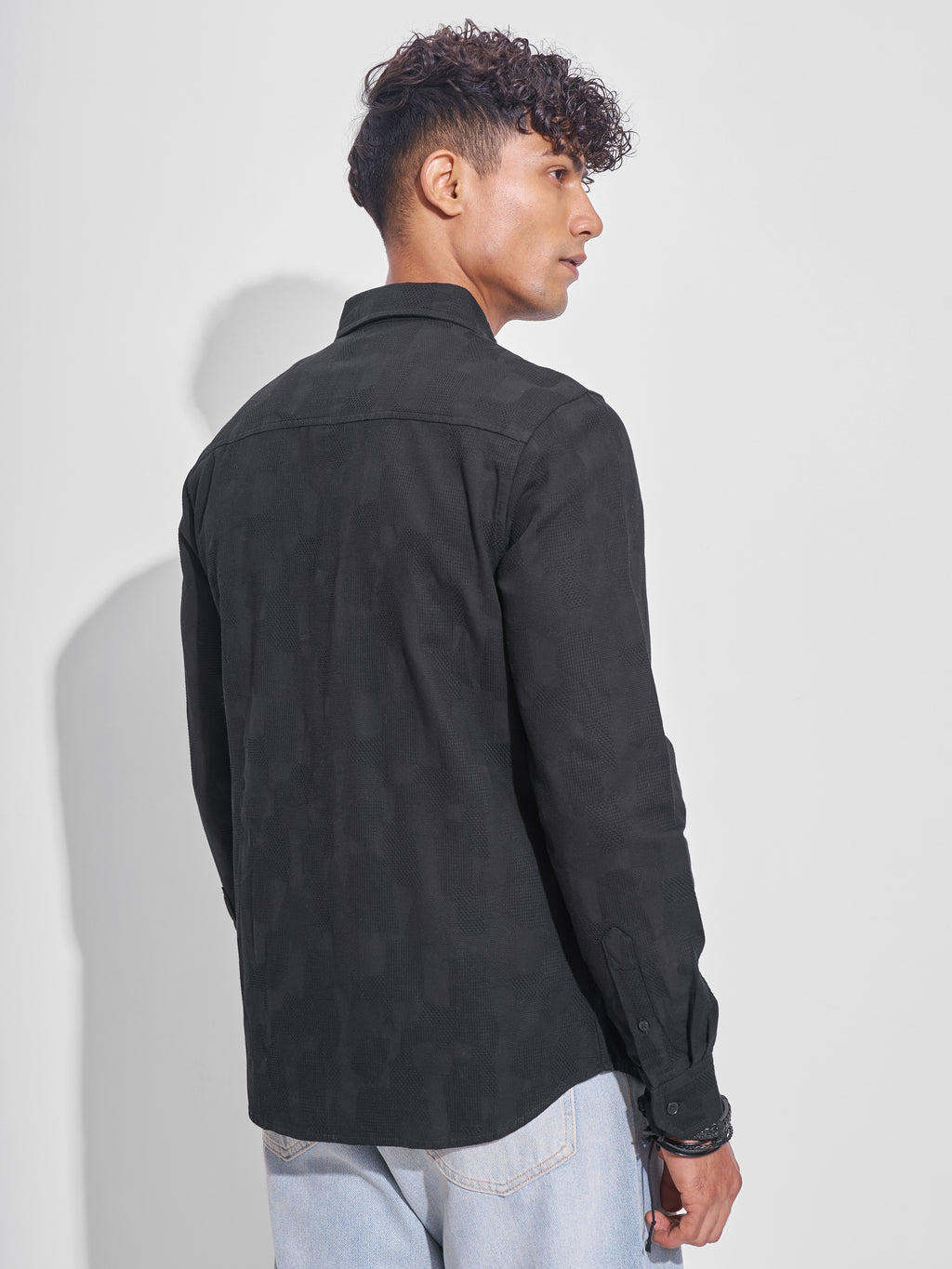 Highlander Men Black Self Design Slim Fit Casual Shirt - Black - Image 3