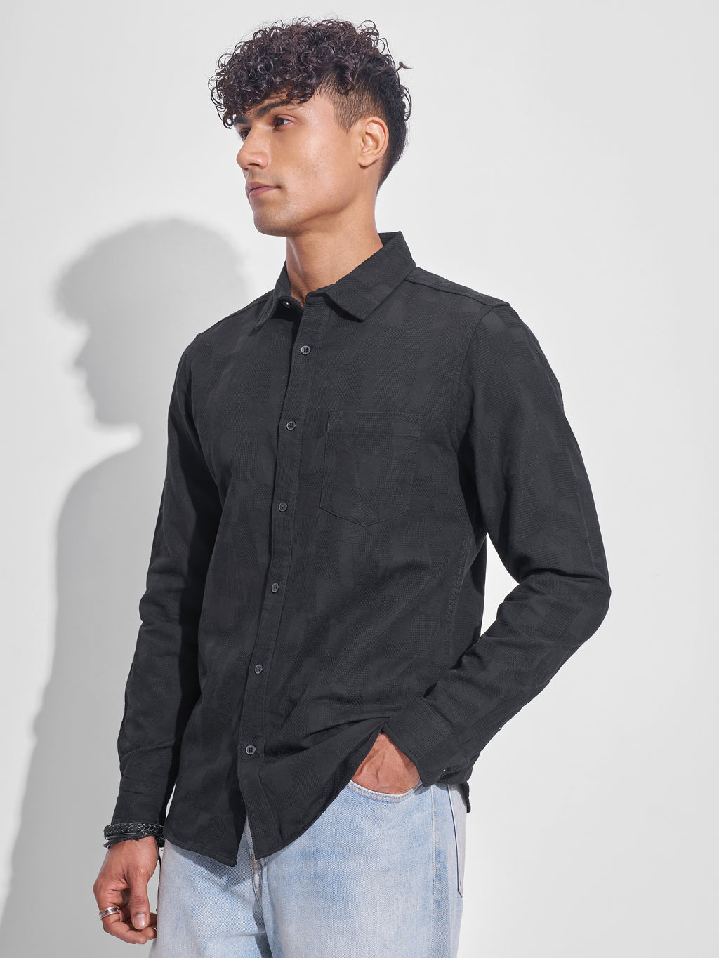 Highlander Men Black Self Design Slim Fit Casual Shirt - Black - Image 4