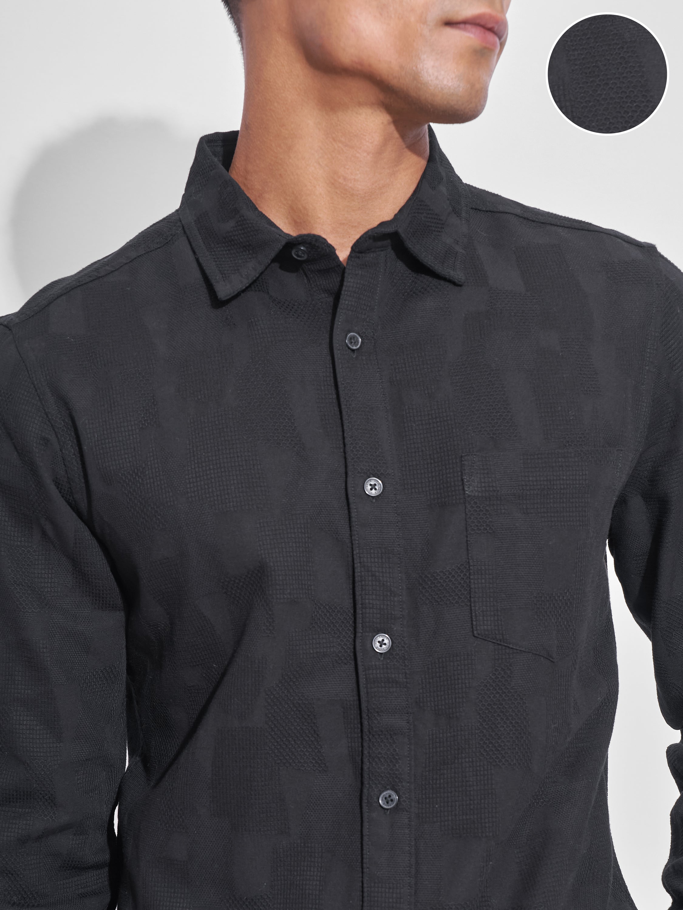 Highlander Men Black Self Design Slim Fit Casual Shirt - Black - Image 5