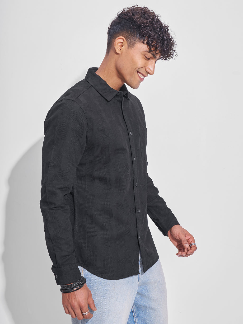 Highlander Men Black Self Design Slim Fit Casual Shirt - Black - Image 6