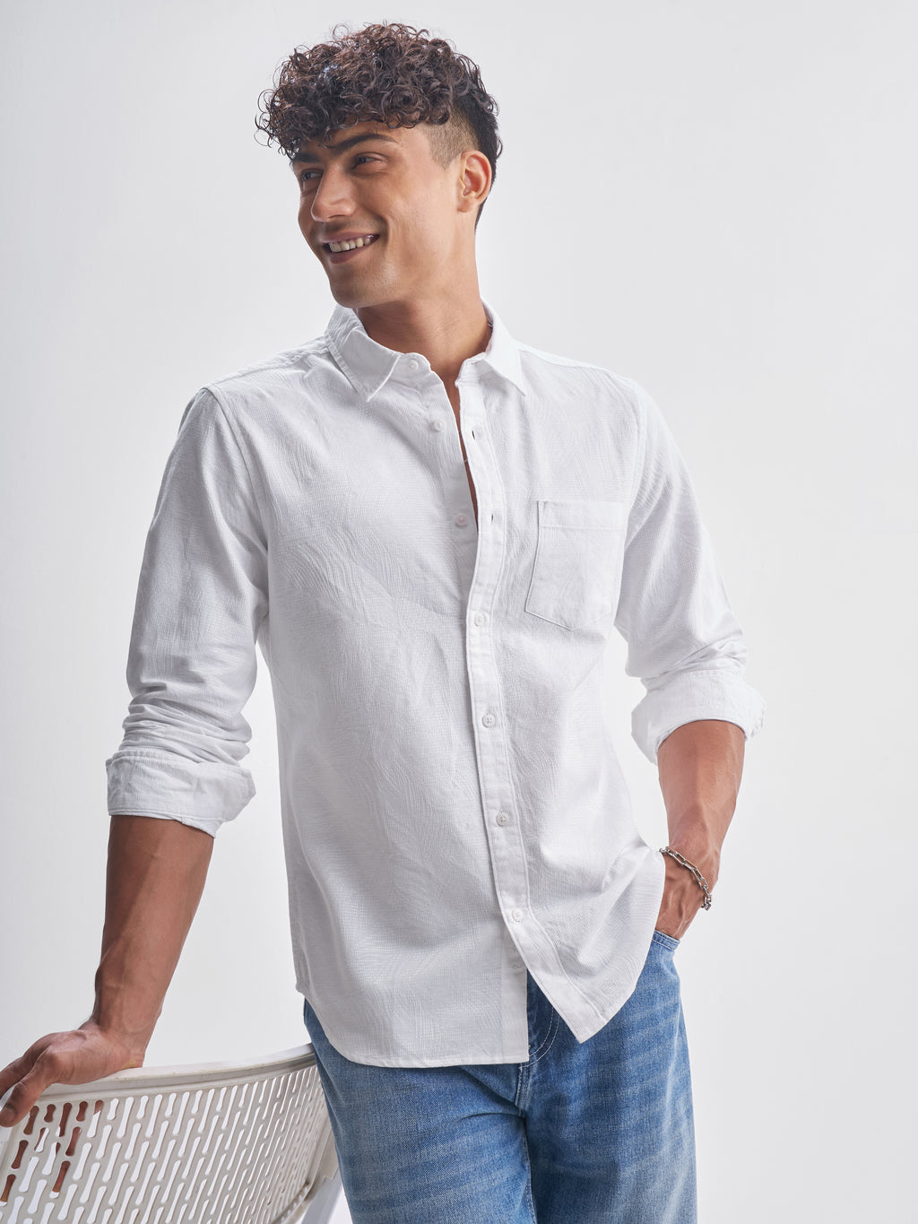 Highlander Men White Self Design Slim Fit Casual Shirt - White - Image 1