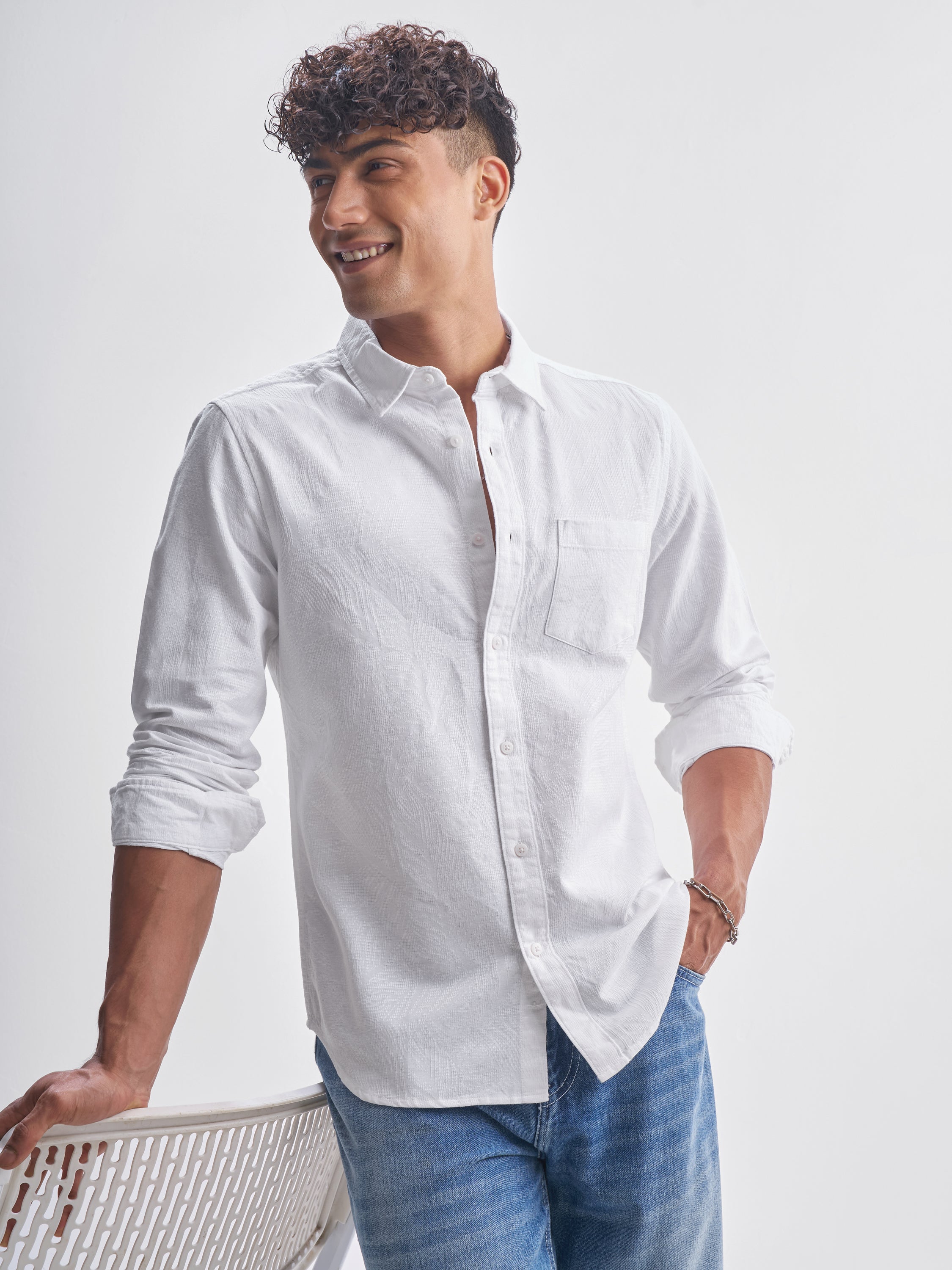 Highlander Men White Self Design Slim Fit Casual Shirt - White - Image 1