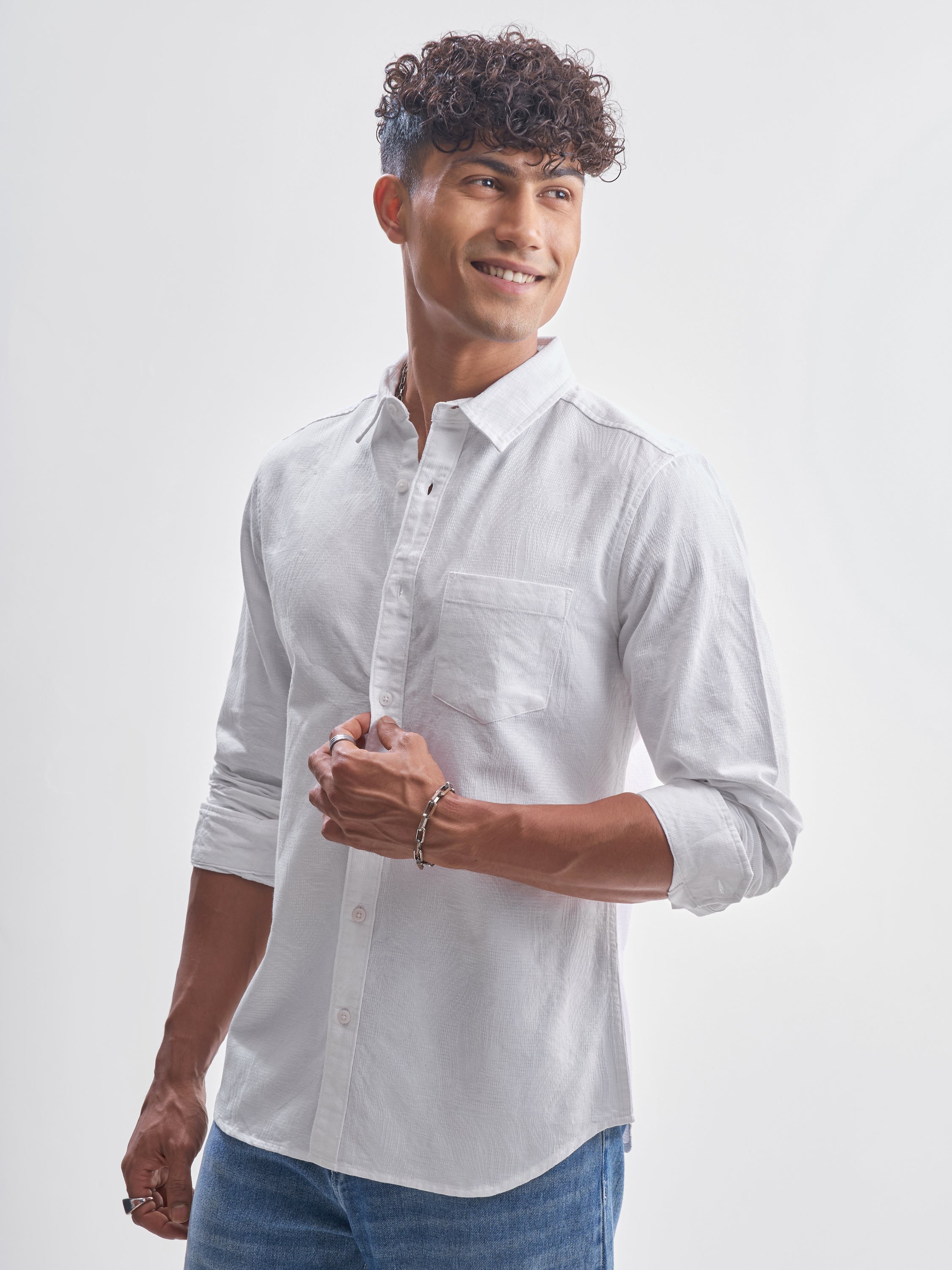Highlander Men White Self Design Slim Fit Casual Shirt - White - Image 4