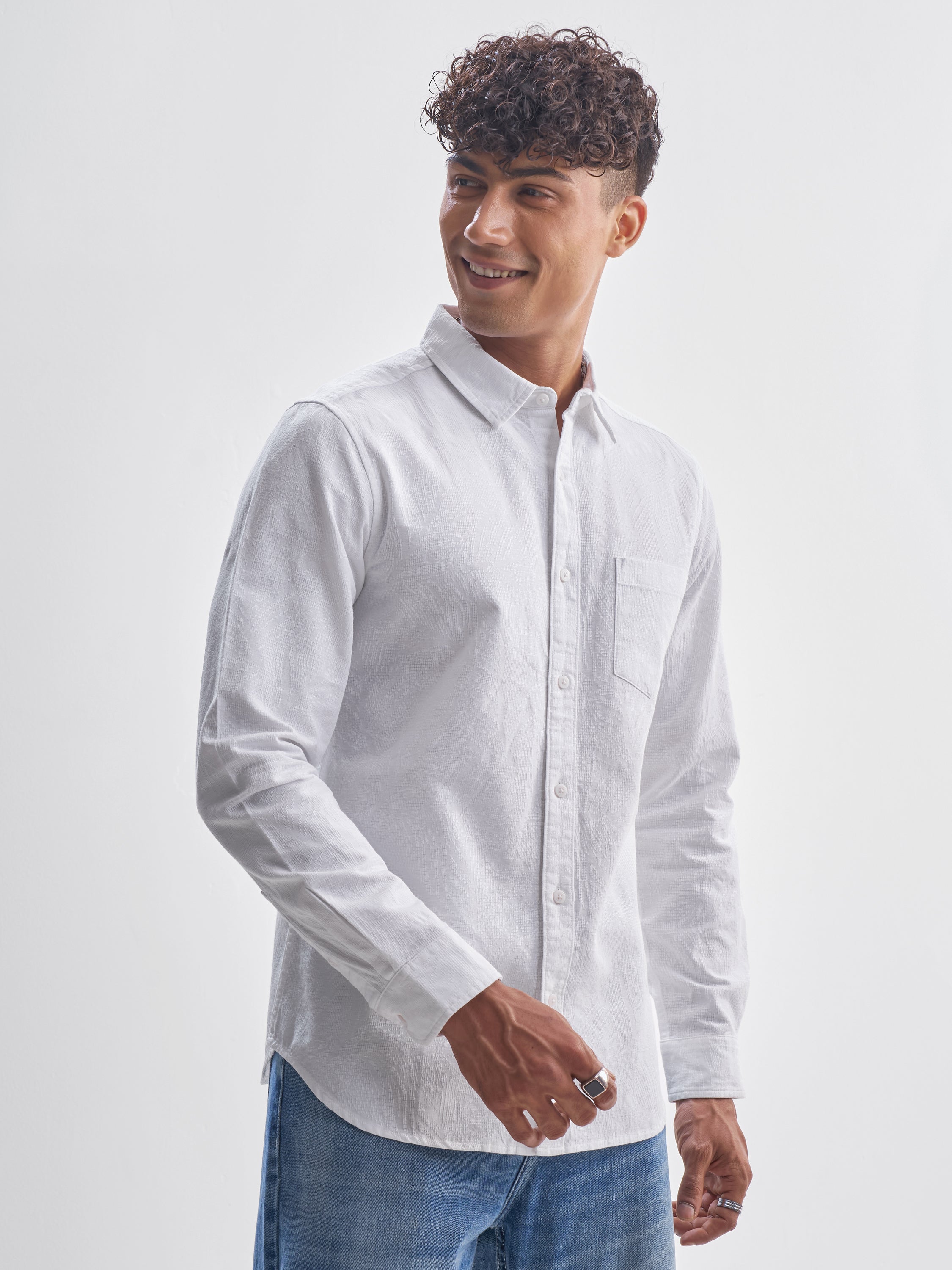 Highlander Men White Self Design Slim Fit Casual Shirt - White - Image 6