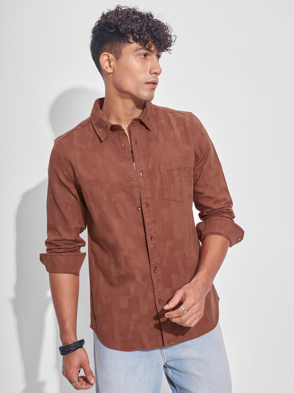 Highlander Men Rust Self Design Slim Fit Casual Shirt - Rust - Image 1