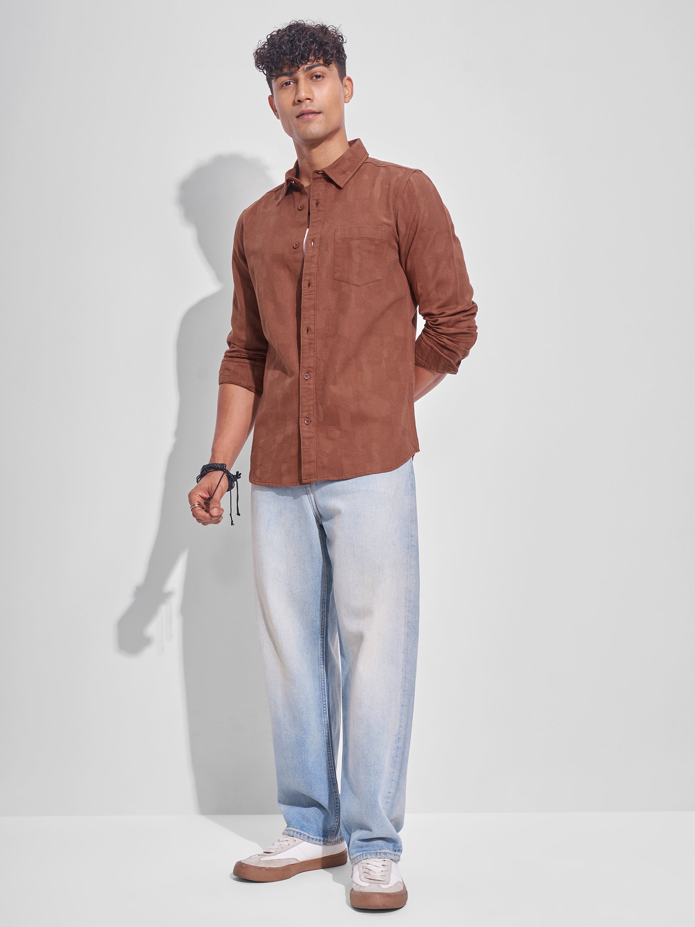 Highlander Men Rust Self Design Slim Fit Casual Shirt - Rust - Image 2