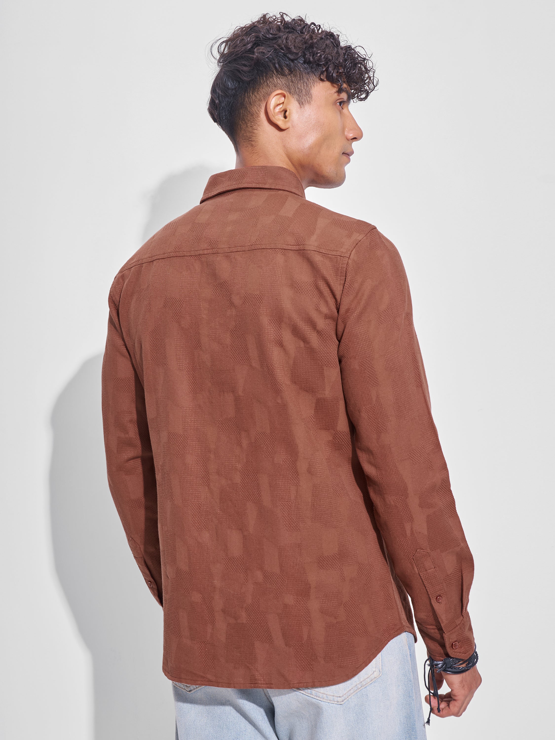 Highlander Men Rust Self Design Slim Fit Casual Shirt - Rust - Image 3