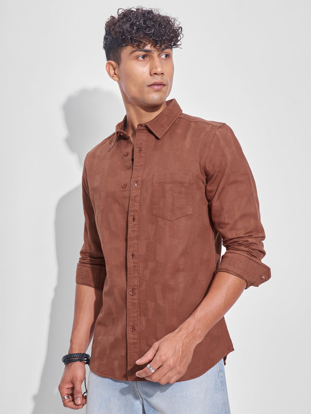 Highlander Men Rust Self Design Slim Fit Casual Shirt - Rust - Image 4