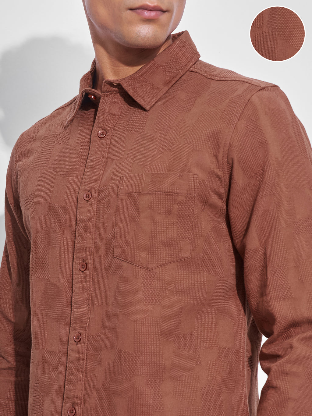 Highlander Men Rust Self Design Slim Fit Casual Shirt - Rust - Image 5