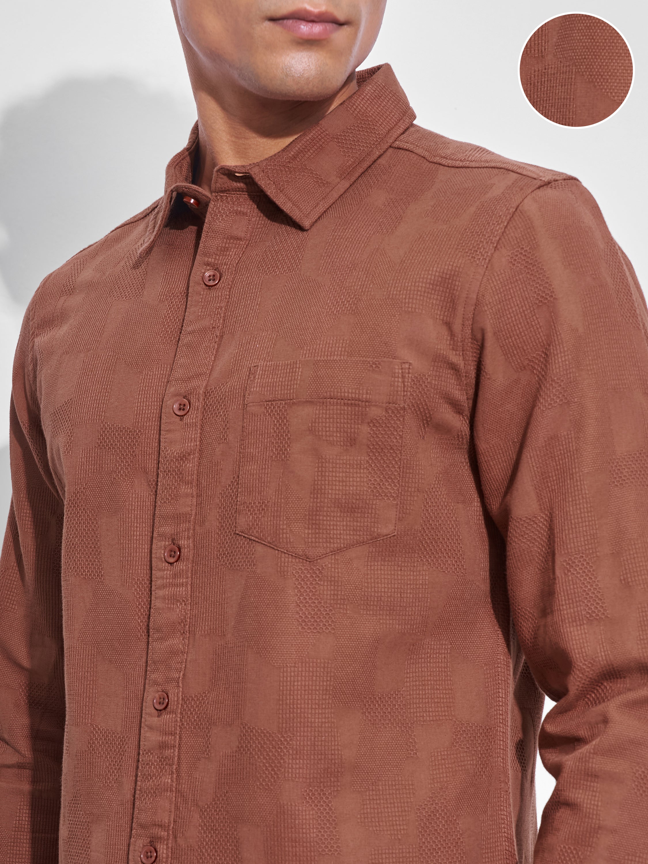 Highlander Men Rust Self Design Slim Fit Casual Shirt - Rust - Image 5