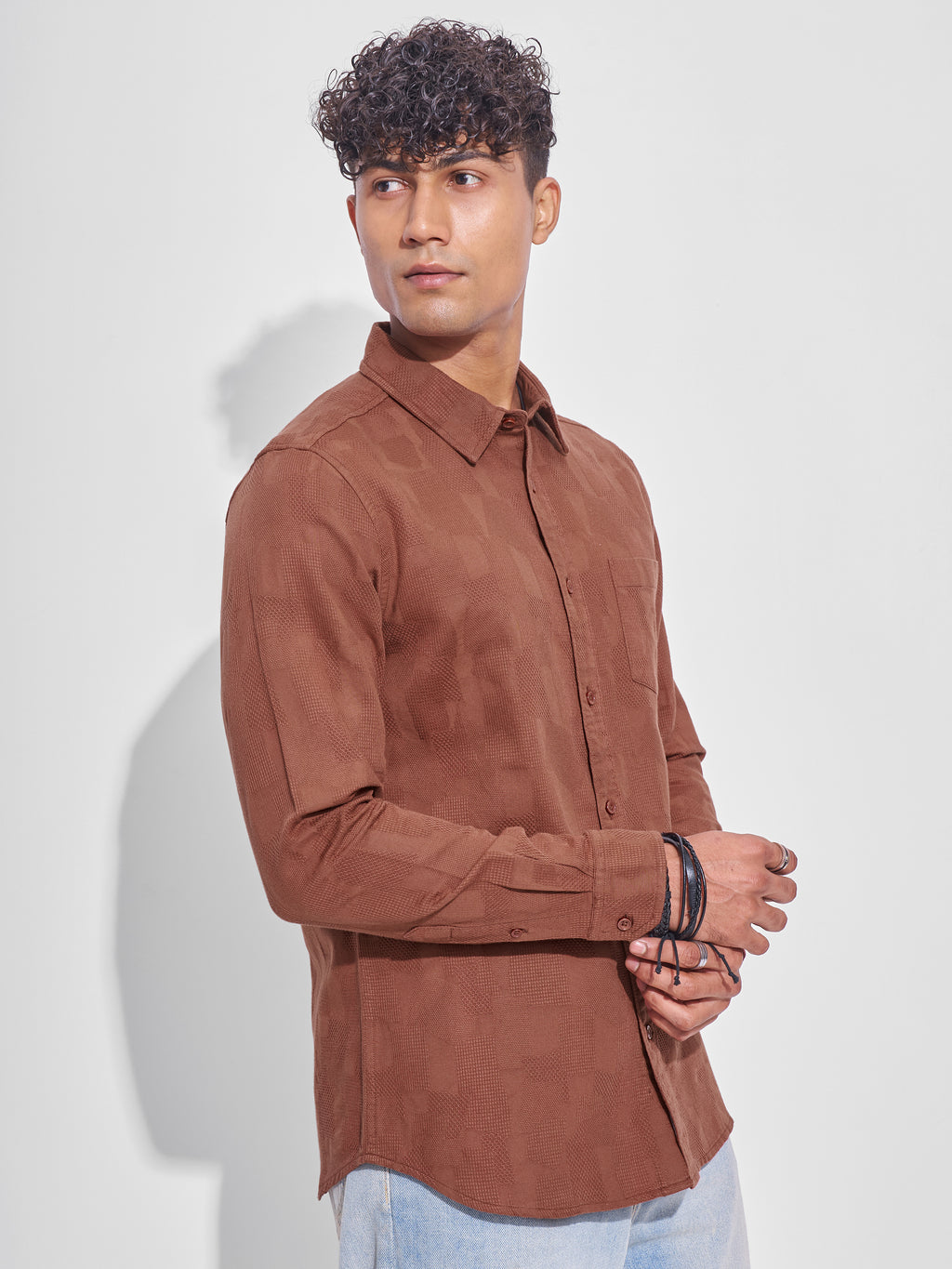 Highlander Men Rust Self Design Slim Fit Casual Shirt - Rust - Image 6