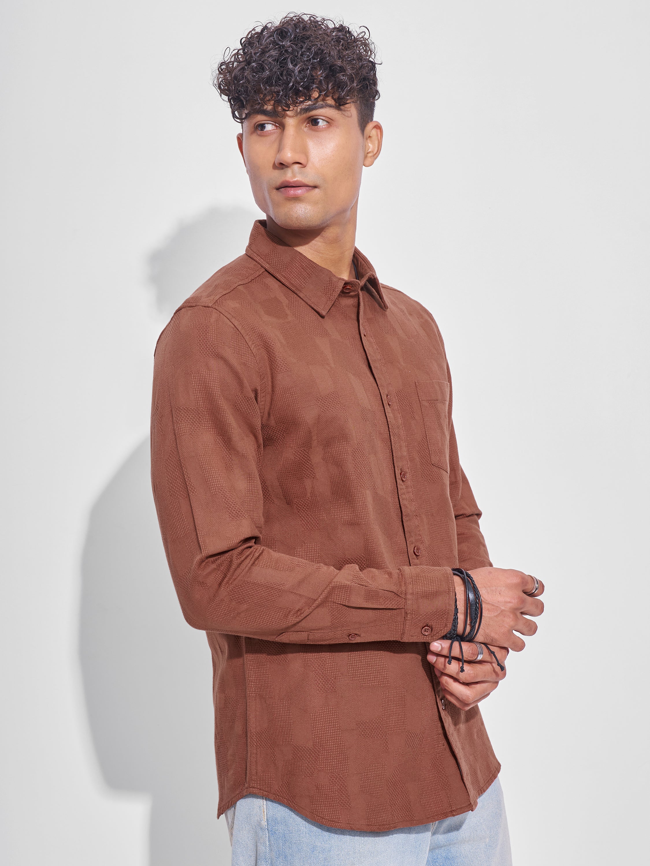 Highlander Men Rust Self Design Slim Fit Casual Shirt - Rust - Image 6