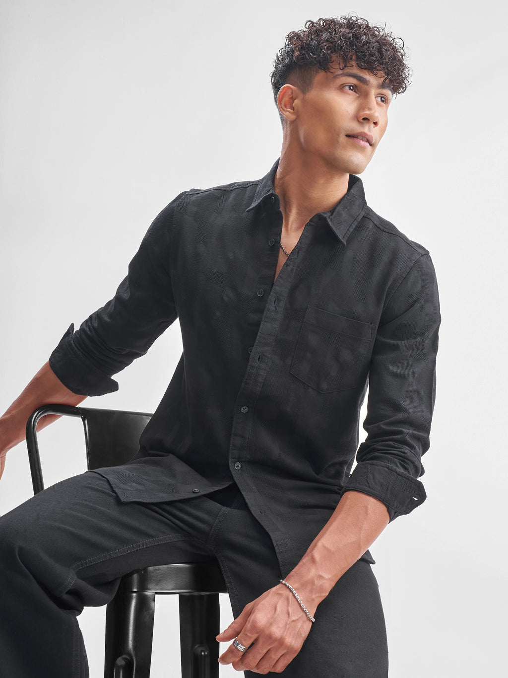 Highlander Men Black Self Design Slim Fit Casual Shirt - Black - Image 1