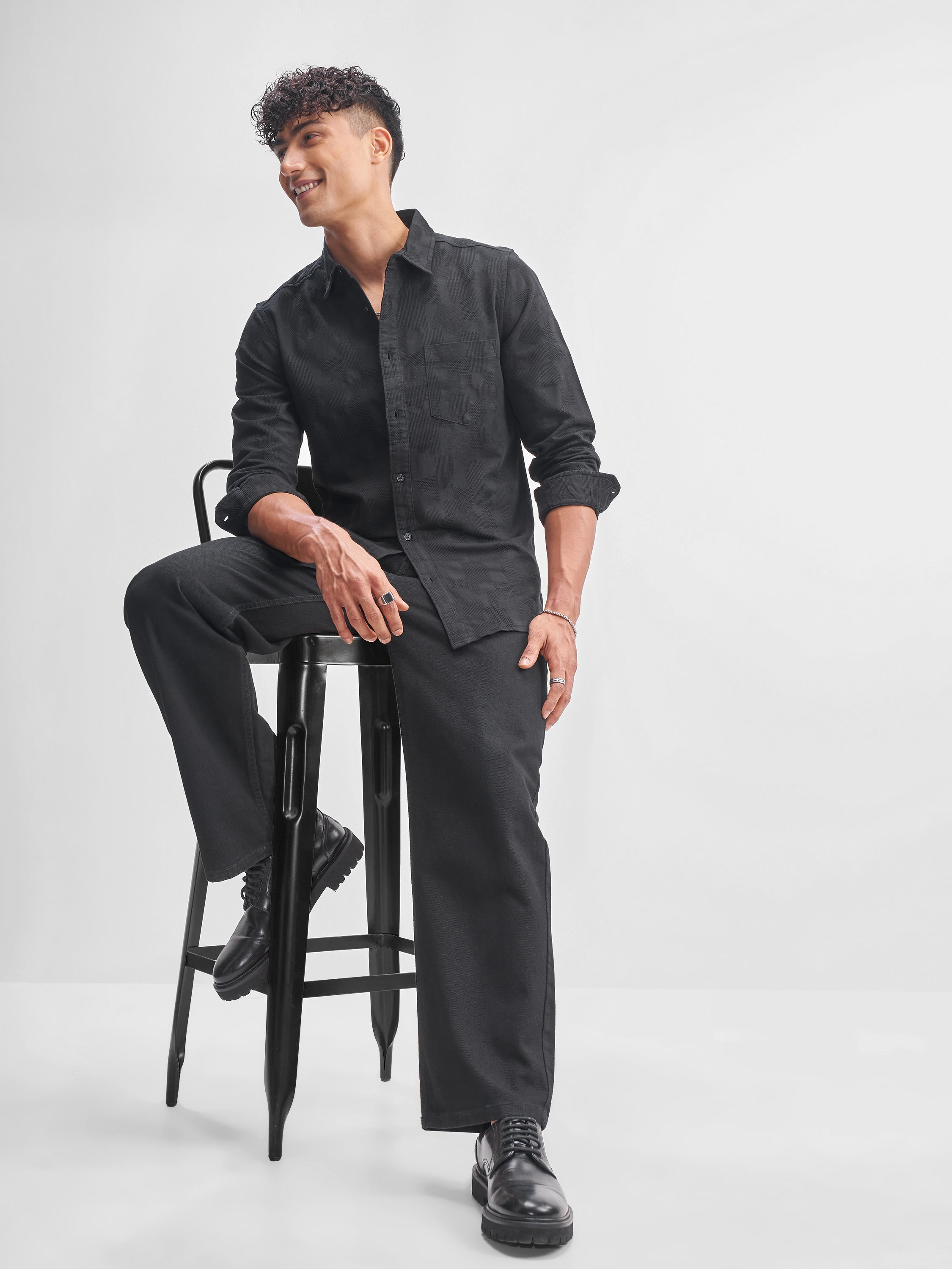 Highlander Men Black Self Design Slim Fit Casual Shirt - Black - Image 2
