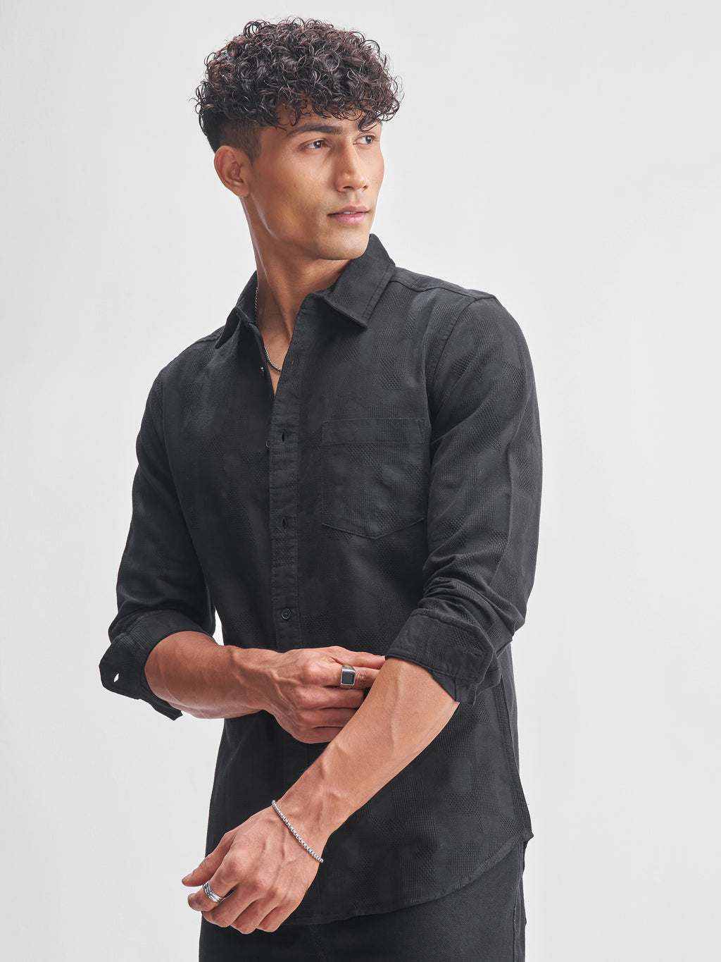 Highlander Men Black Self Design Slim Fit Casual Shirt - Black - Image 4