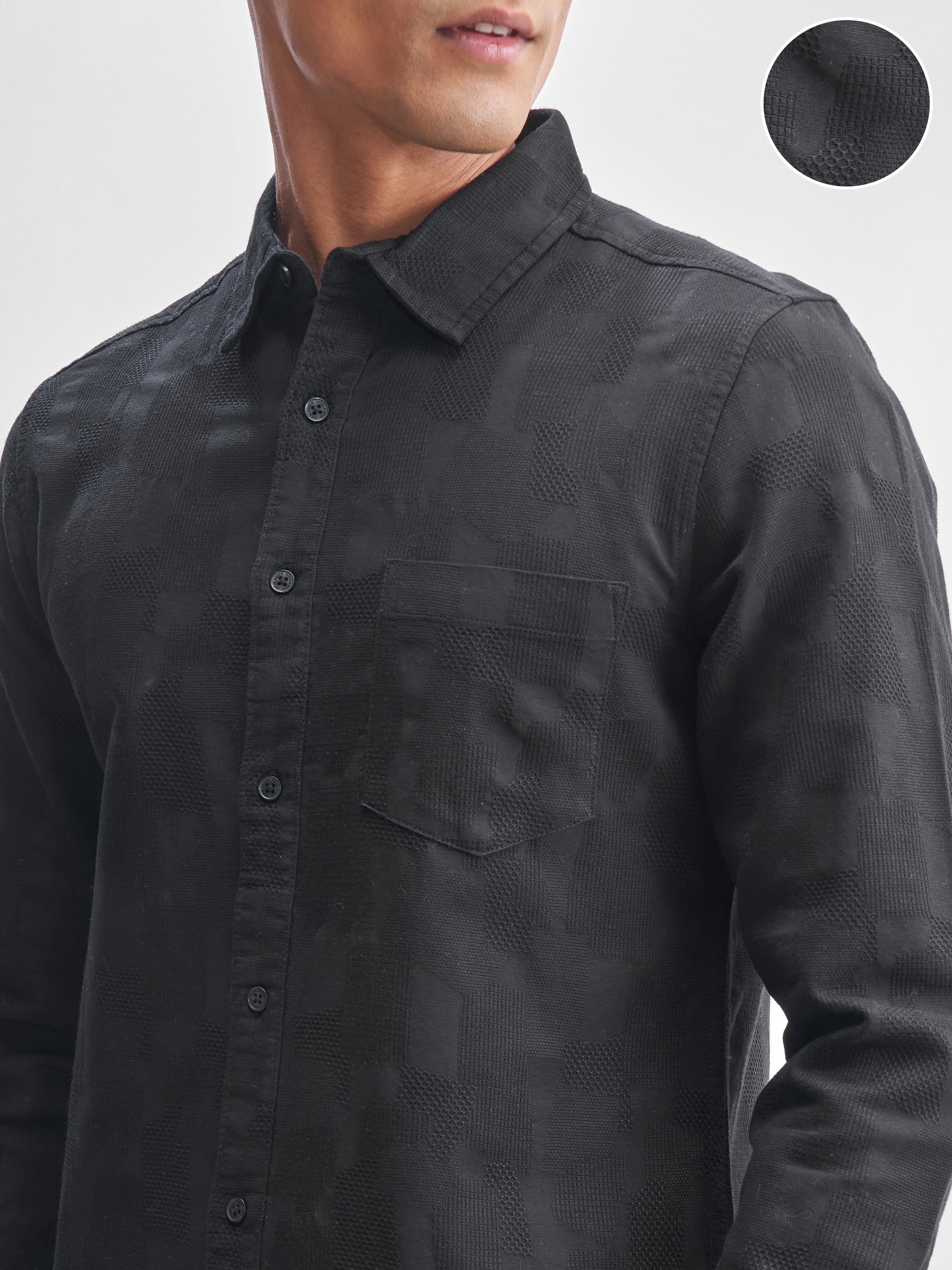 Highlander Men Black Self Design Slim Fit Casual Shirt - Black - Image 5