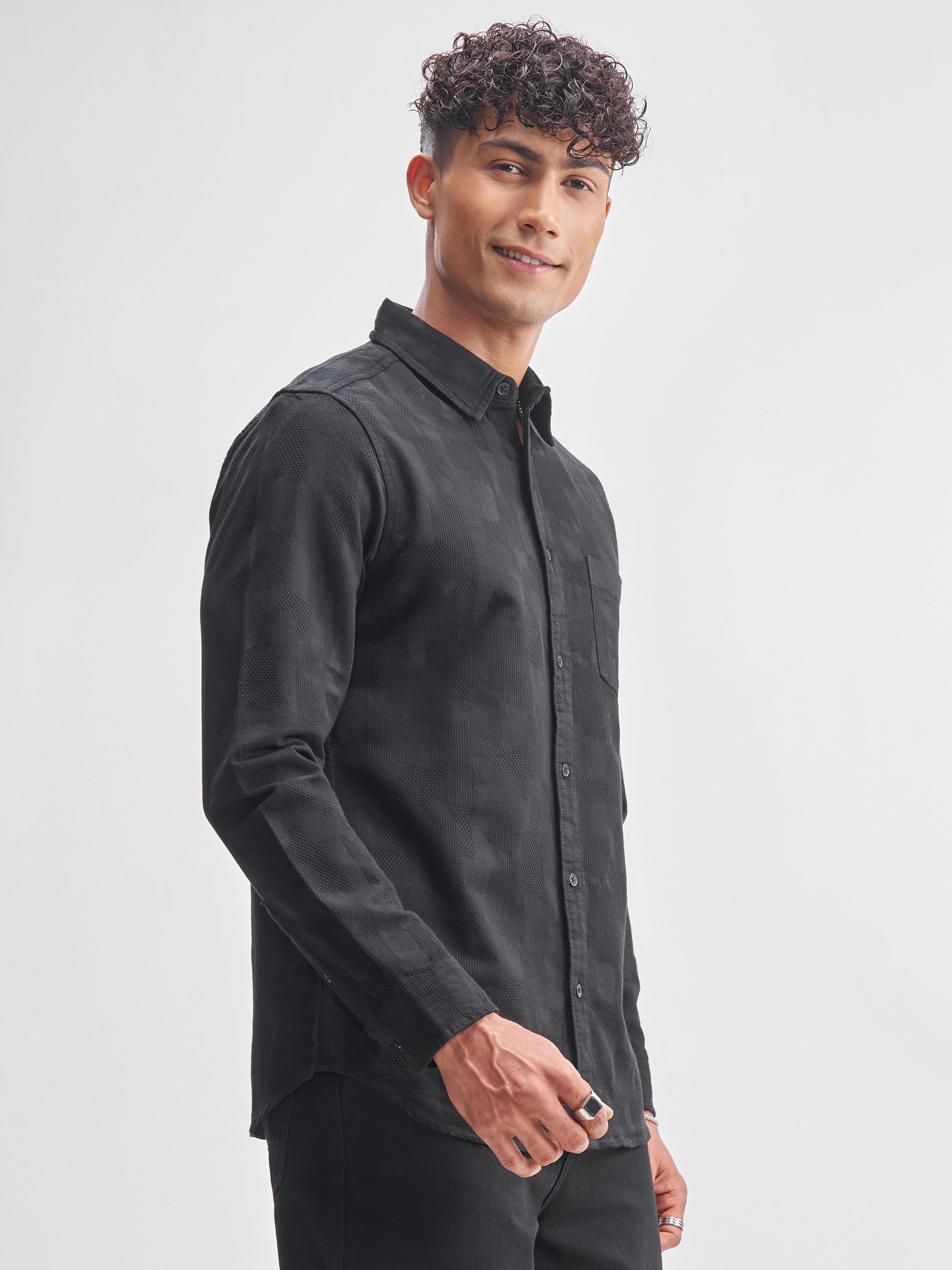 Highlander Men Black Self Design Slim Fit Casual Shirt - Black - Image 6