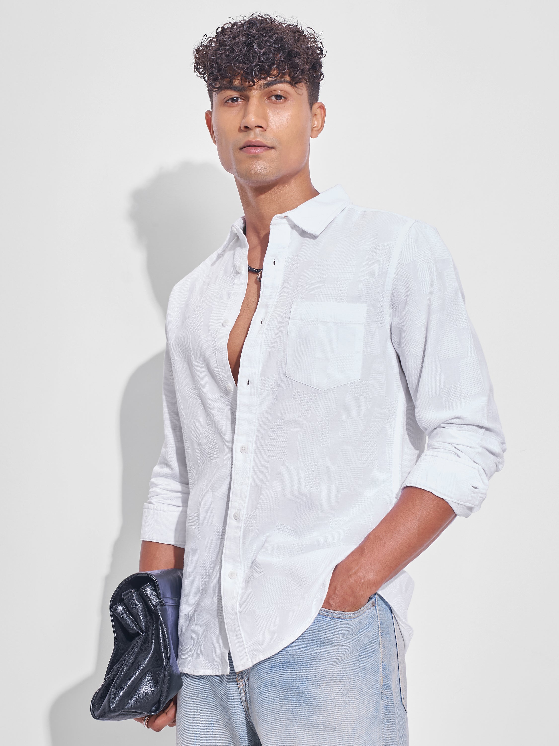 Highlander Men White Self Design Slim Fit Casual Shirt - White - Image 1