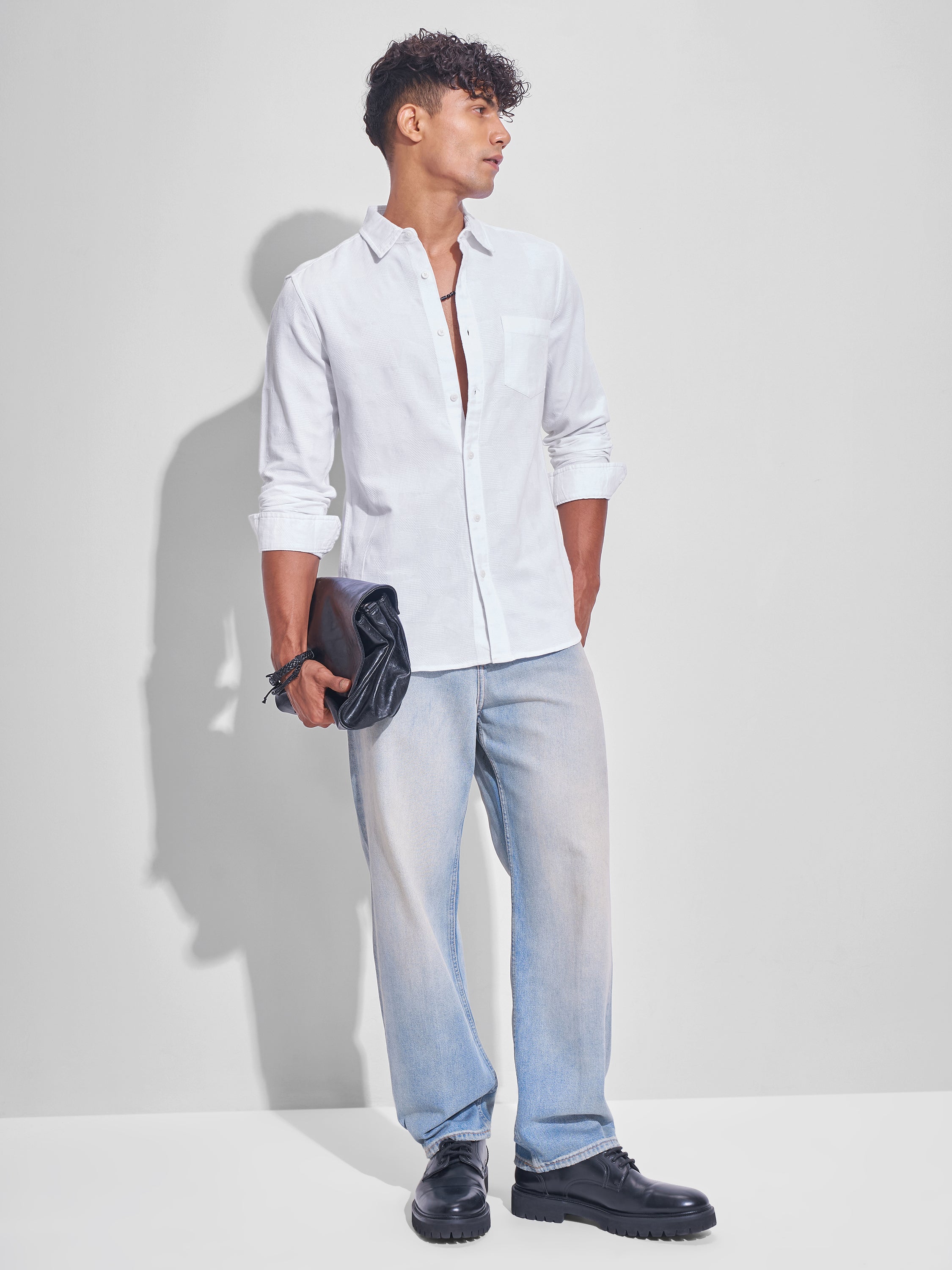 Highlander Men White Self Design Slim Fit Casual Shirt - White - Image 2