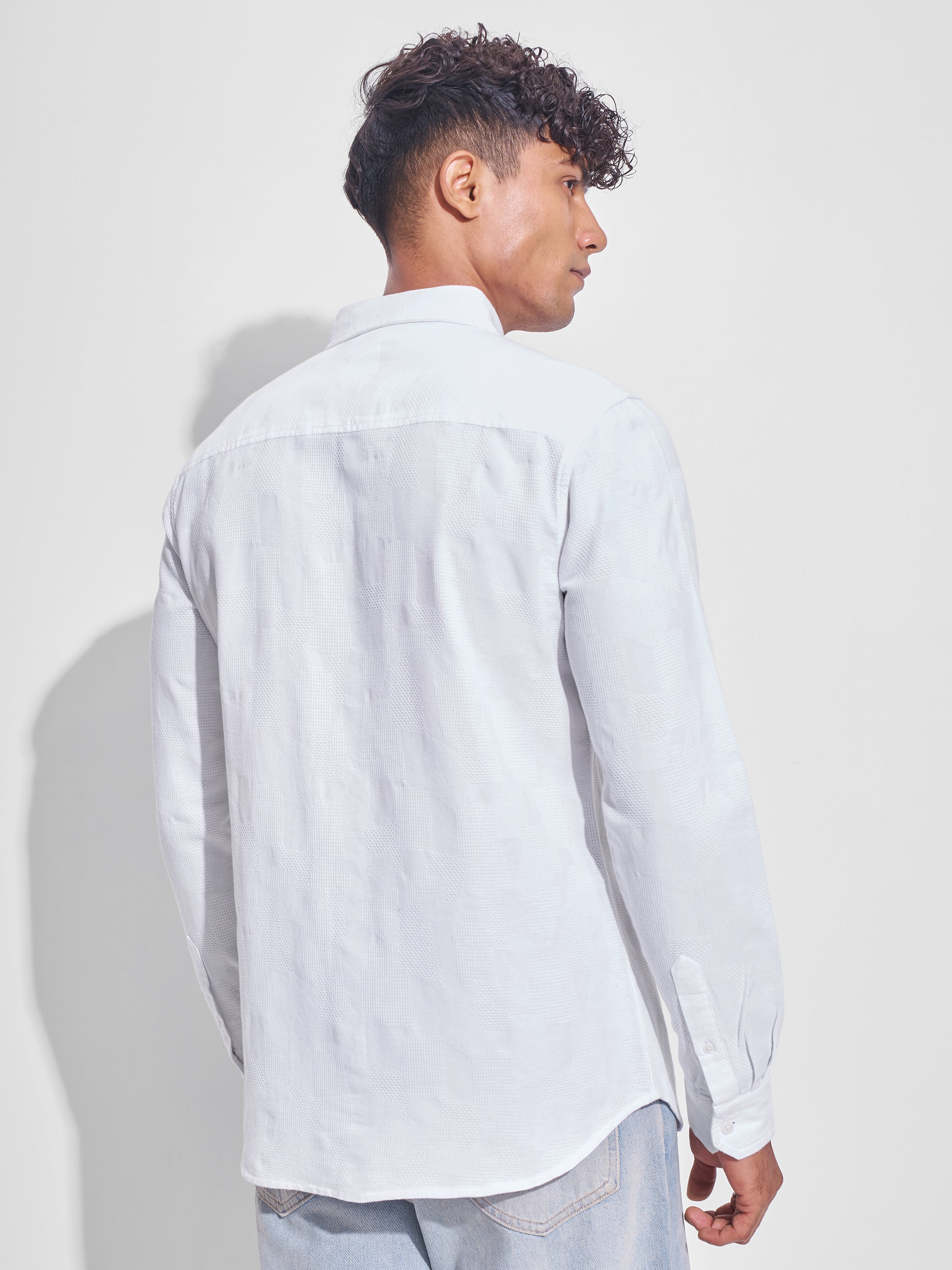 Highlander Men White Self Design Slim Fit Casual Shirt - White - Image 3