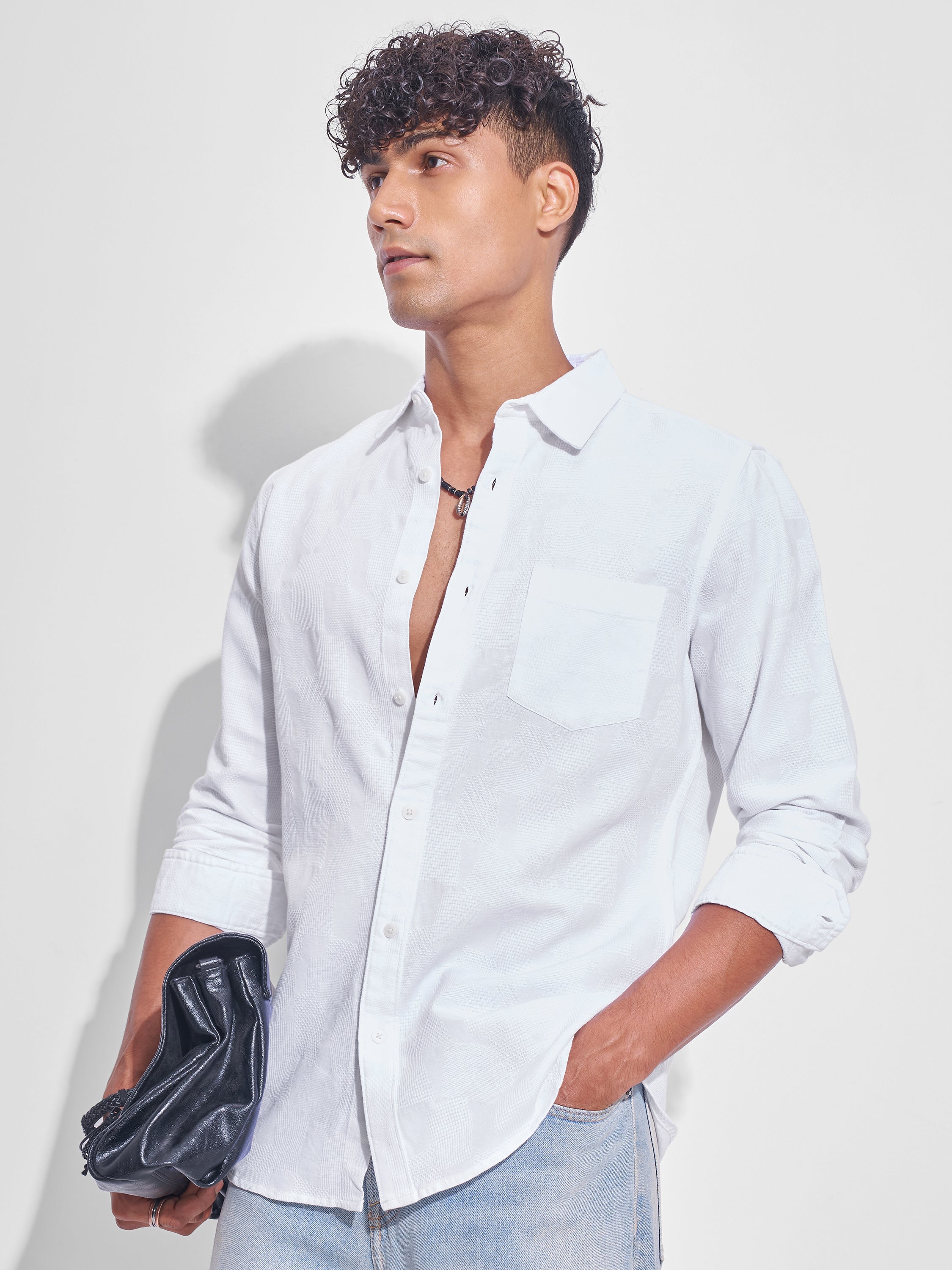 Highlander Men White Self Design Slim Fit Casual Shirt - White - Image 4