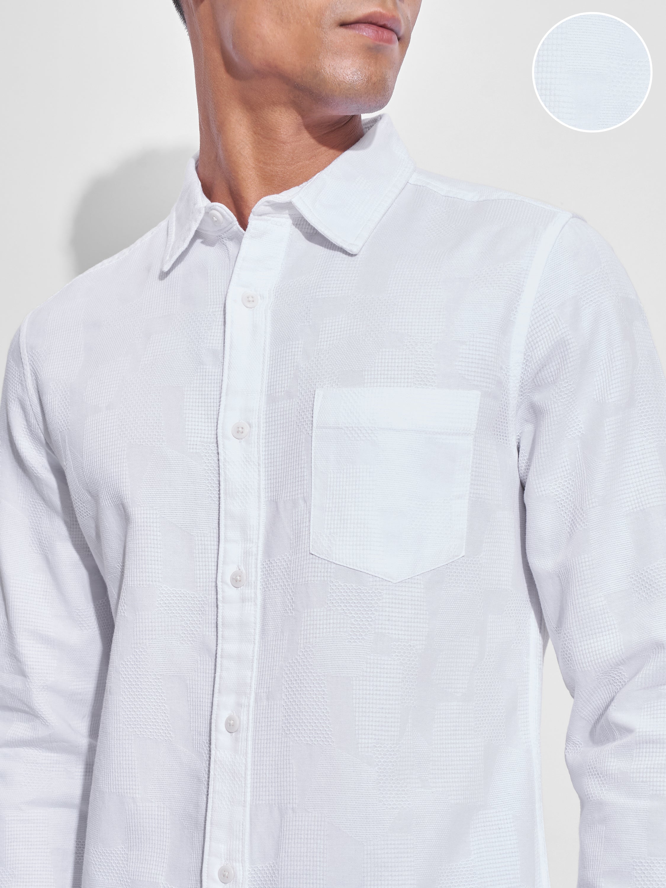 Highlander Men White Self Design Slim Fit Casual Shirt - White - Image 5