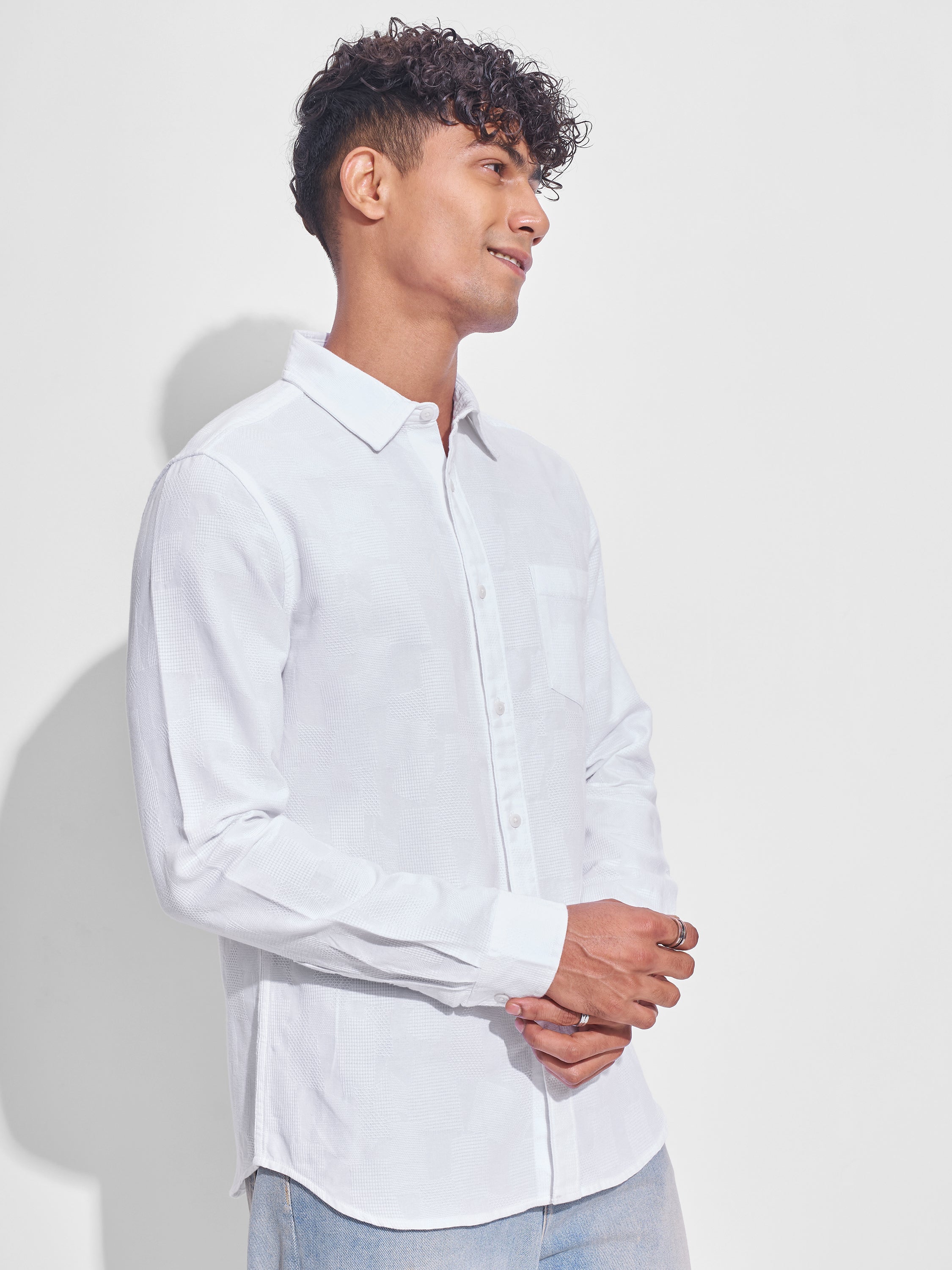Highlander Men White Self Design Slim Fit Casual Shirt - White - Image 6