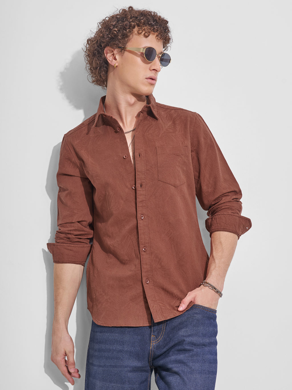 Highlander Men Brown Self Design Slim Fit Casual Shirt - Brown - Image 1