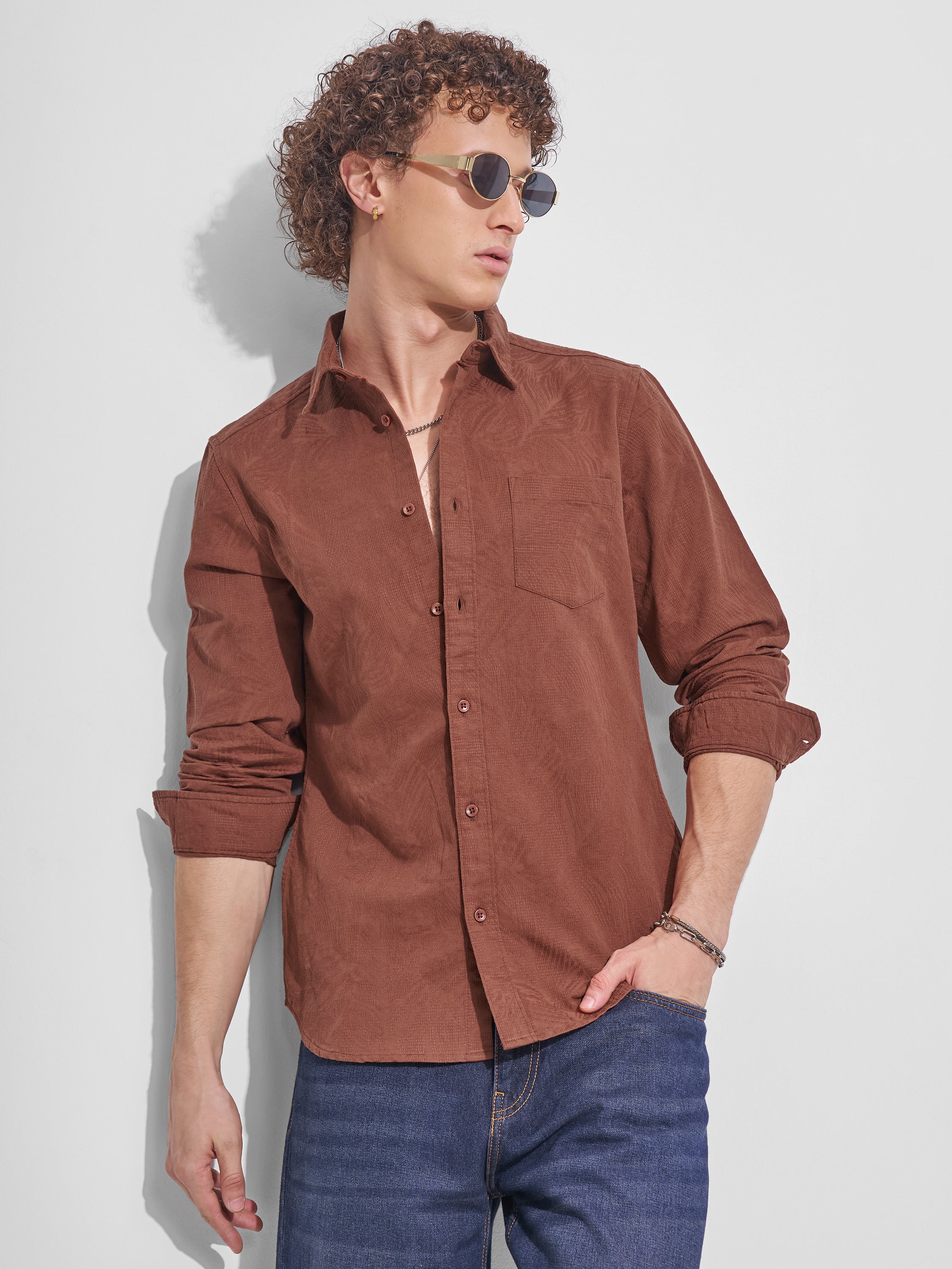 Highlander Men Brown Self Design Slim Fit Casual Shirt - Brown - Image 1