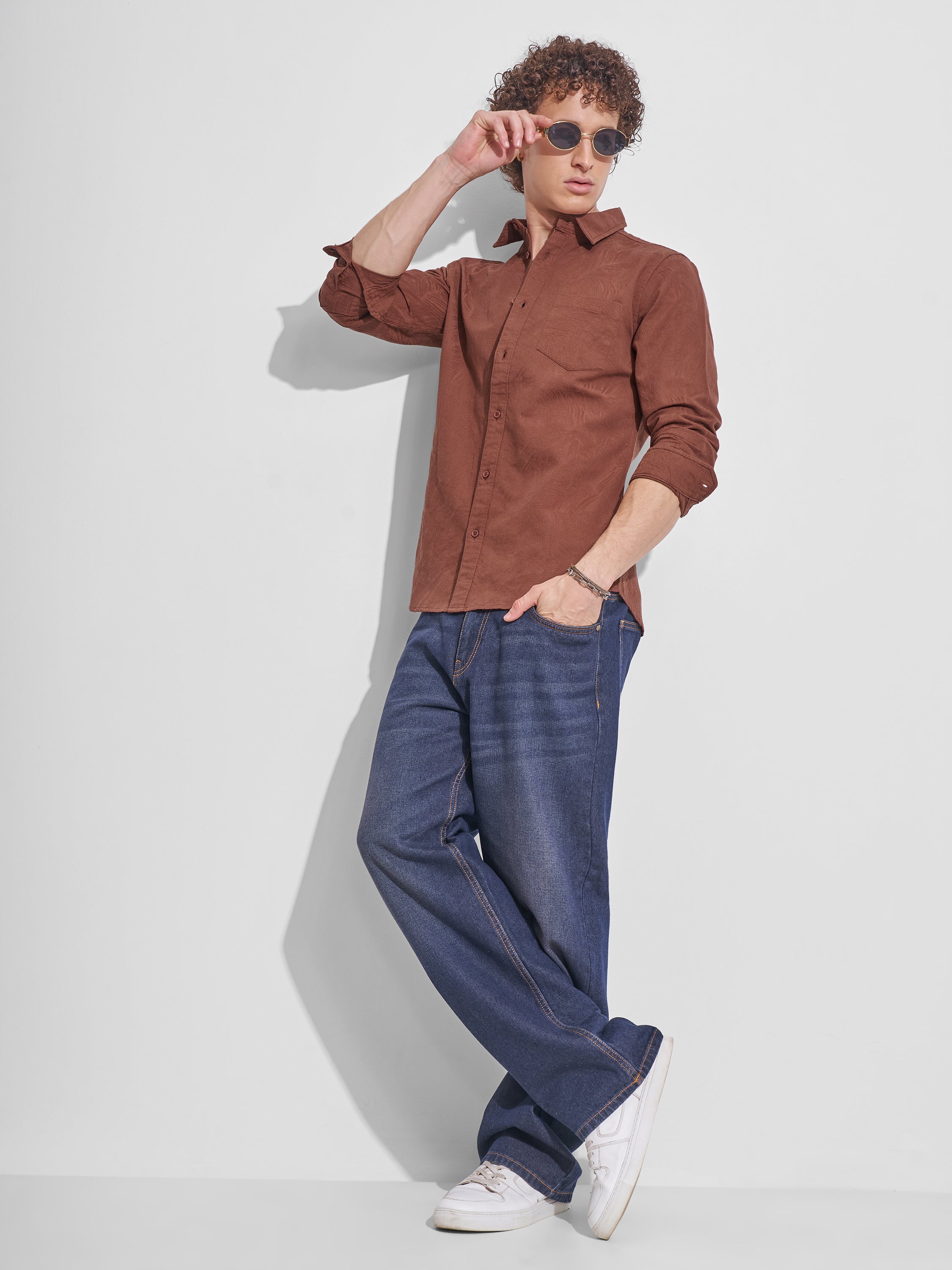 Highlander Men Brown Self Design Slim Fit Casual Shirt - Brown - Image 2