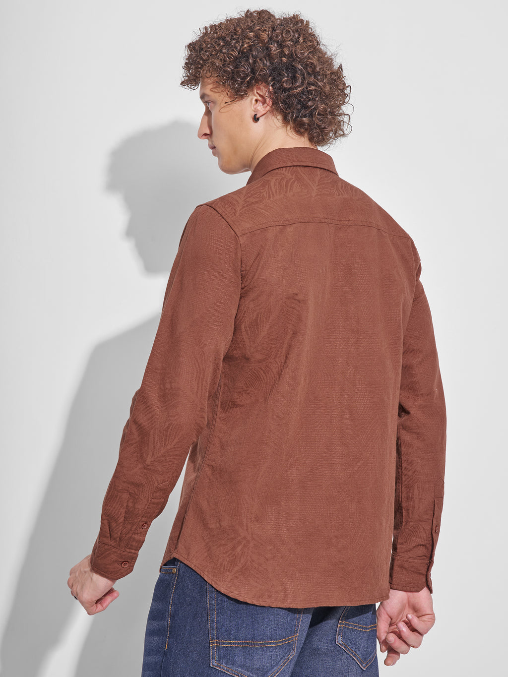 Highlander Men Brown Self Design Slim Fit Casual Shirt - Brown - Image 3