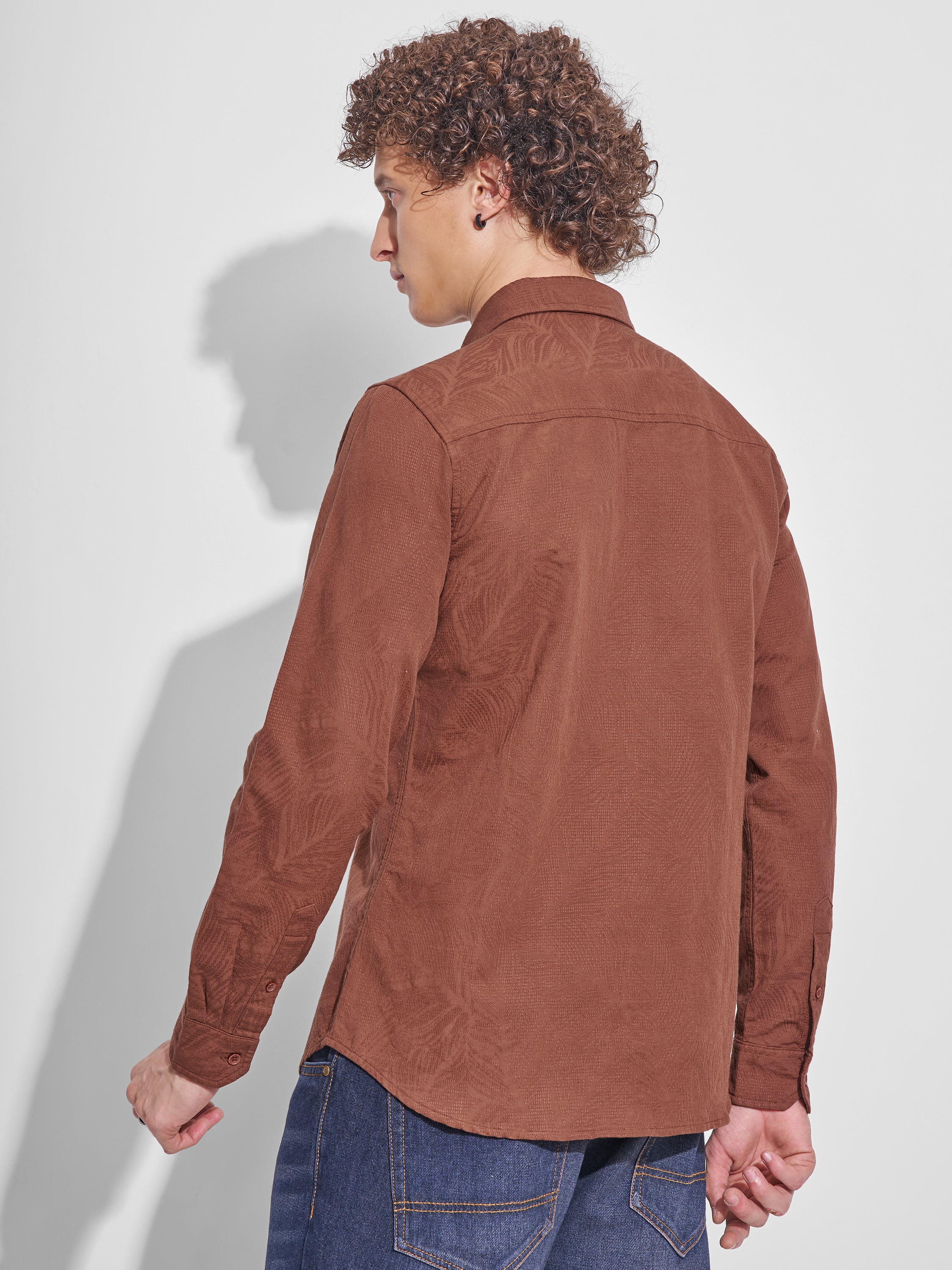 Highlander Men Brown Self Design Slim Fit Casual Shirt - Brown - Image 3