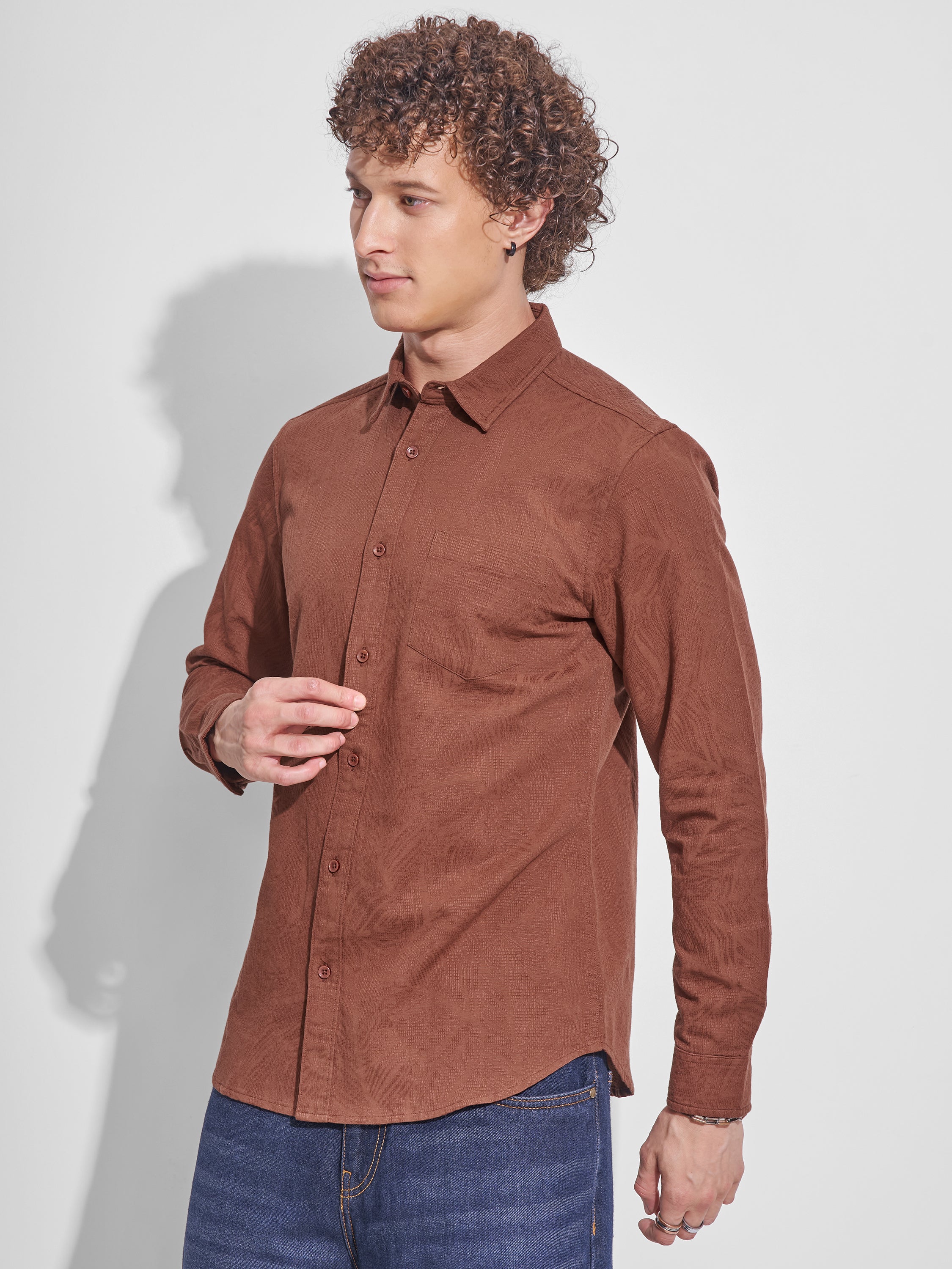 Highlander Men Brown Self Design Slim Fit Casual Shirt - Brown - Image 4