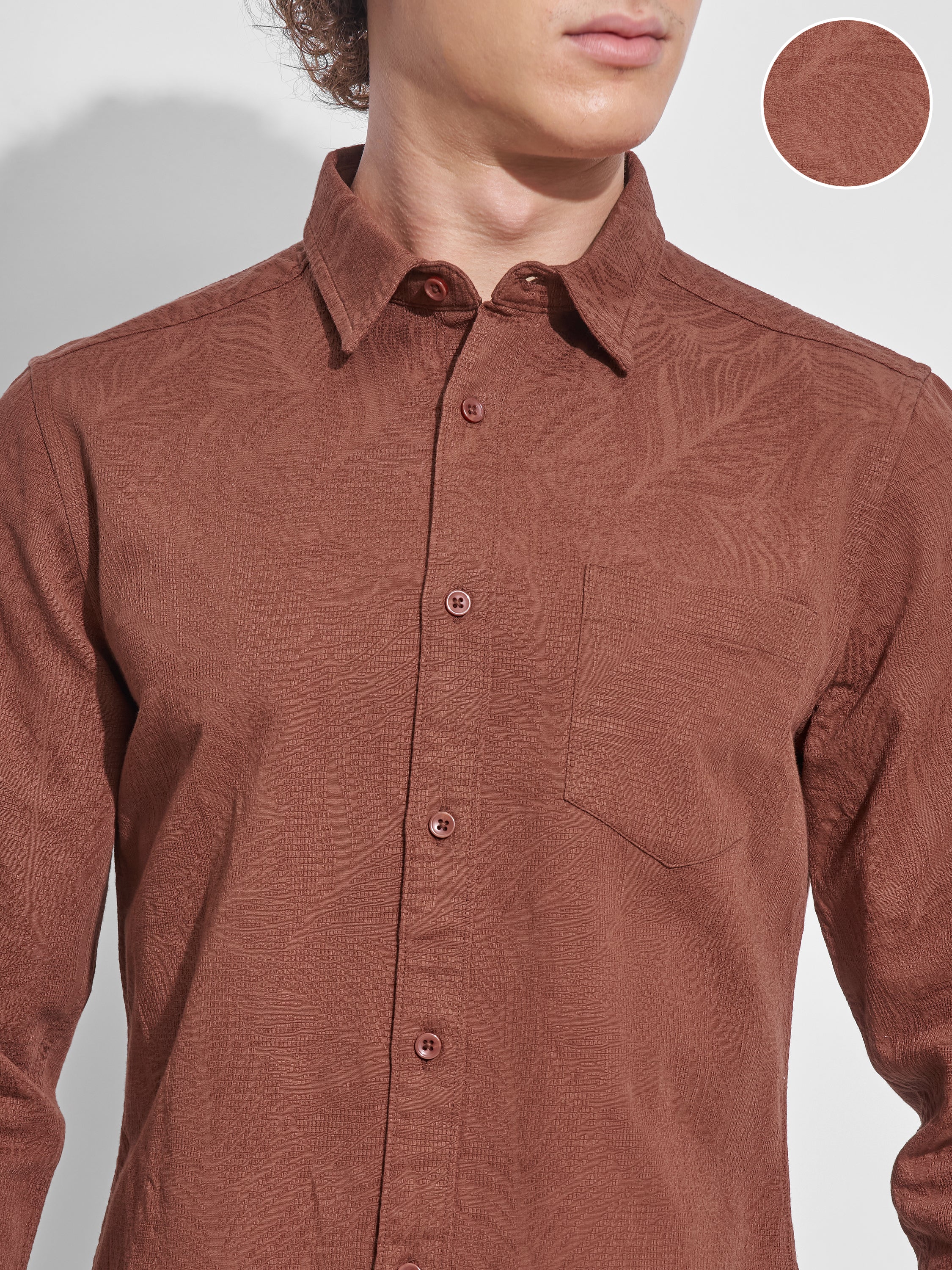 Highlander Men Brown Self Design Slim Fit Casual Shirt - Brown - Image 5
