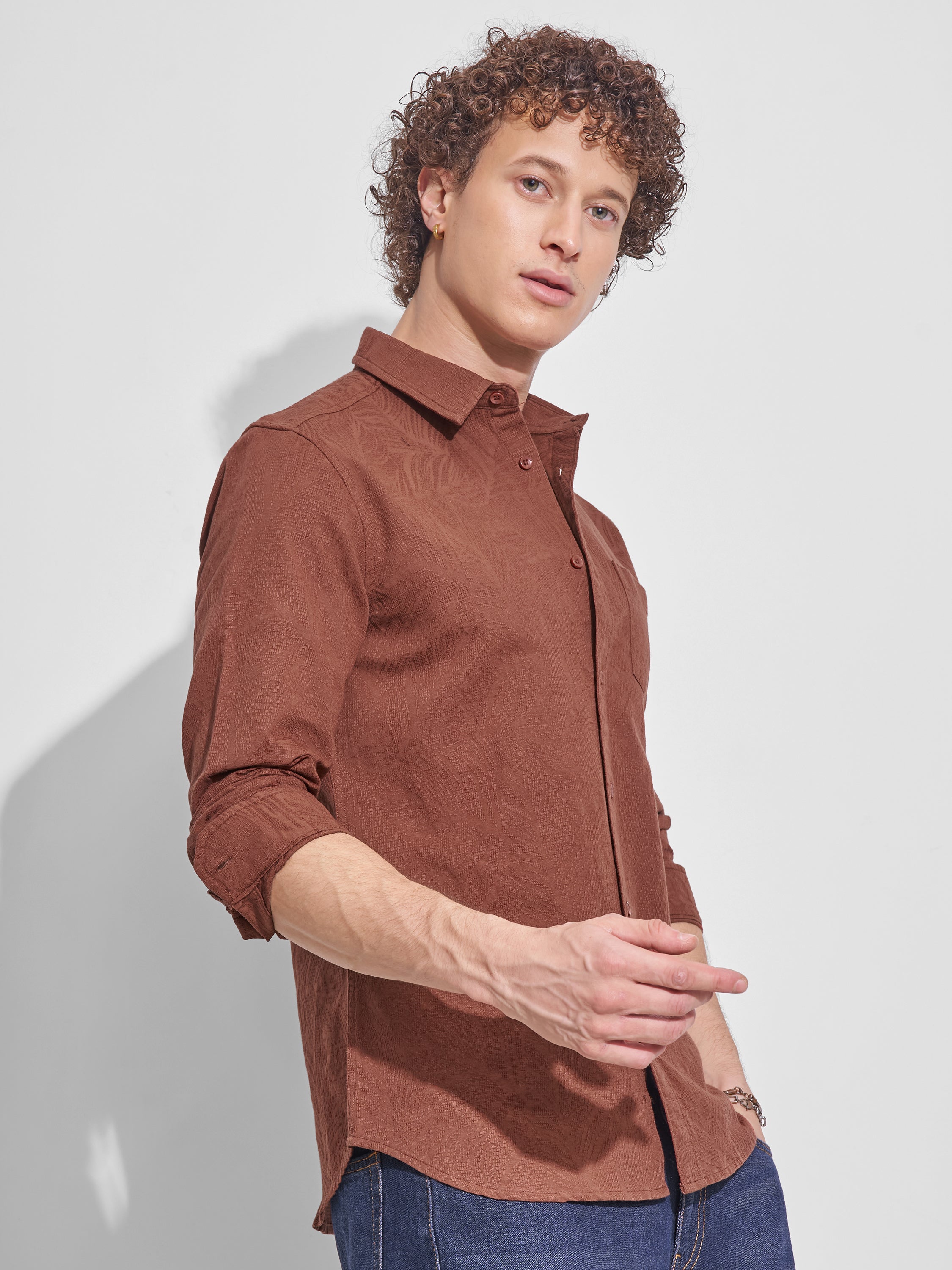 Highlander Men Brown Self Design Slim Fit Casual Shirt - Brown - Image 6