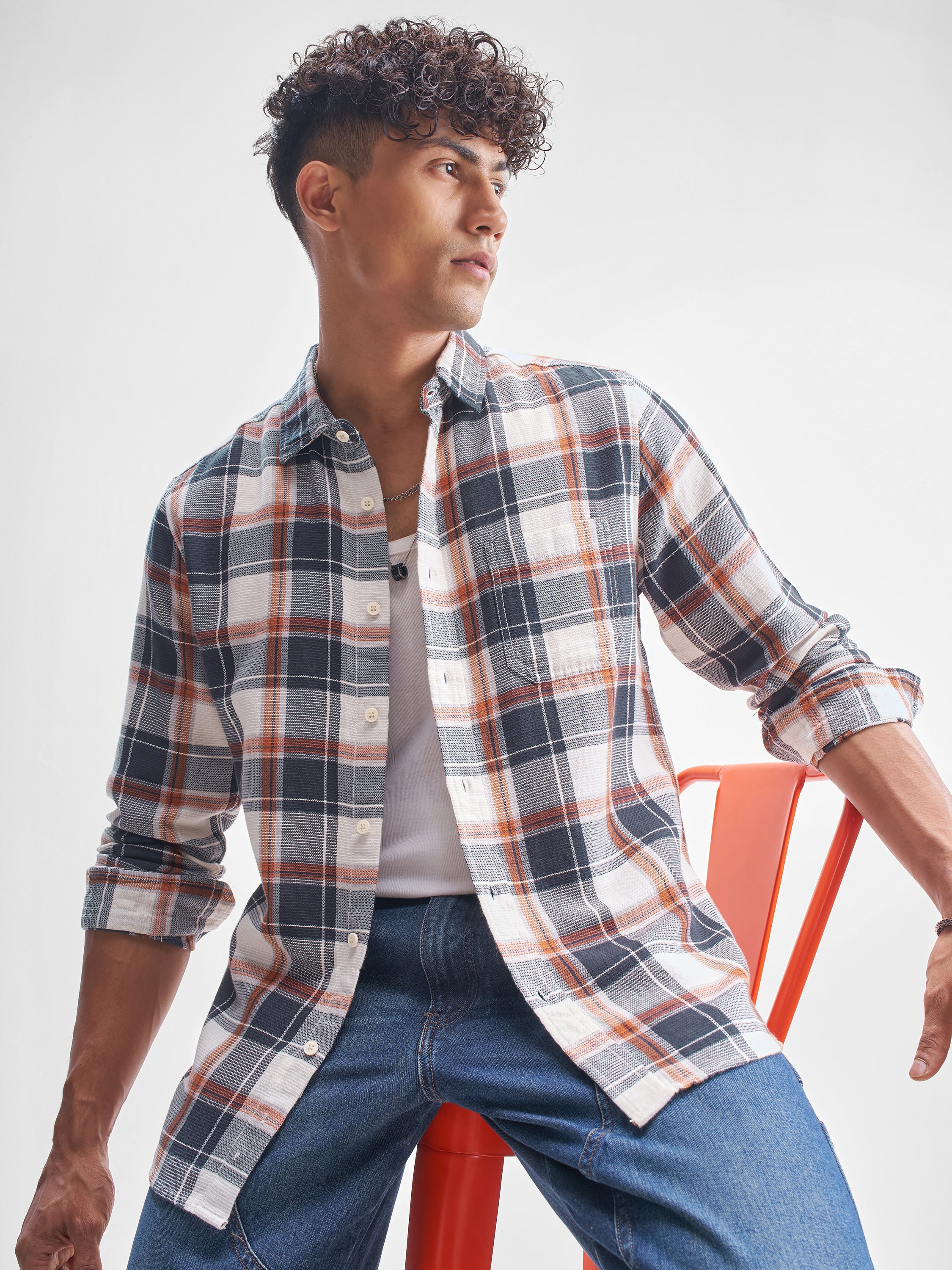 Highlander Men Blue Checked Slim Fit Casual Shirt - Blue - Image 1