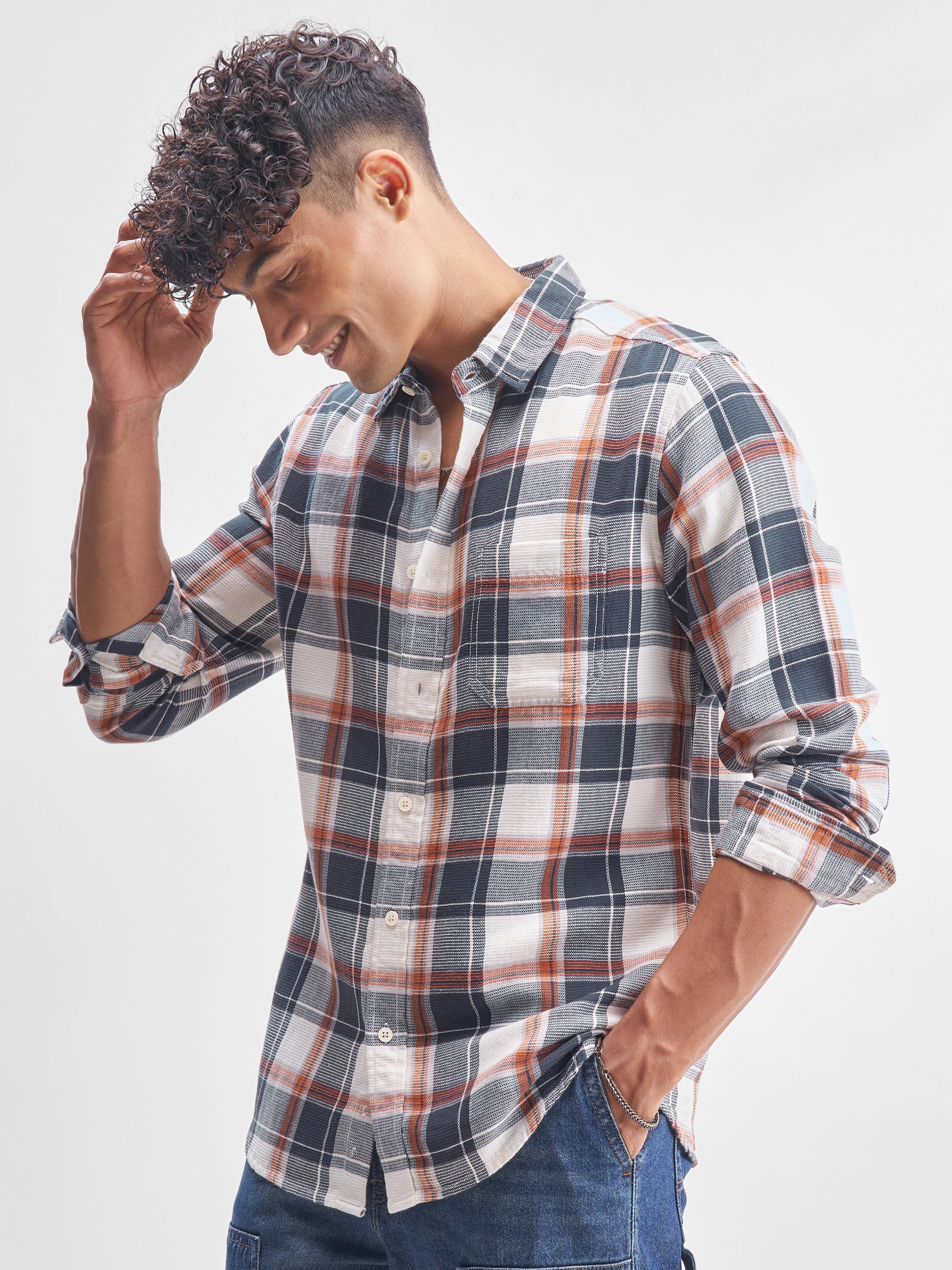 Highlander Men Blue Checked Slim Fit Casual Shirt - Blue - Image 4