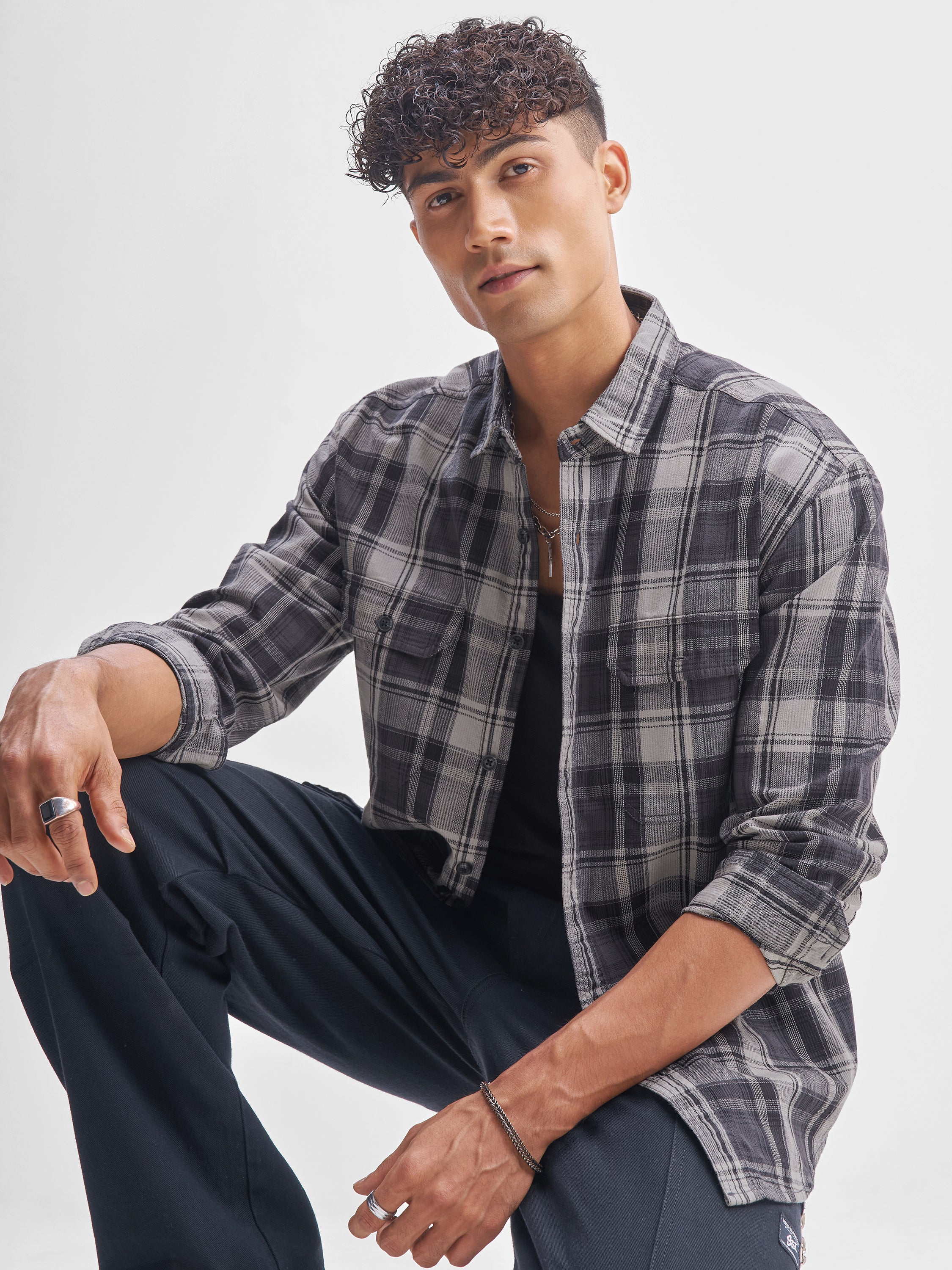 Highlander Men Charcoal Checked Relaxed Fit Casual Shirt - Charcoal - Image 1