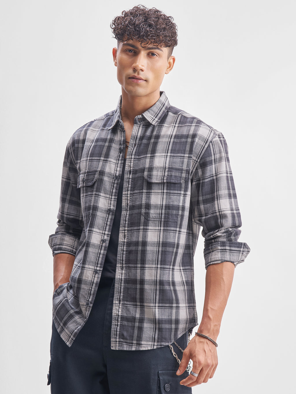 Highlander Men Charcoal Checked Relaxed Fit Casual Shirt - Charcoal - Image 4